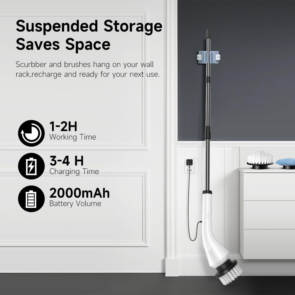 Electric Spin Scrubber - Cordless Cleaning Brush with 8 Replaceable Brush Heads and Adjustable Extension Handle, Power Dual Speed Shower Cleaning Scrubber for Bathroom, Tub, Tile, Floor, etc (White) - Image 7