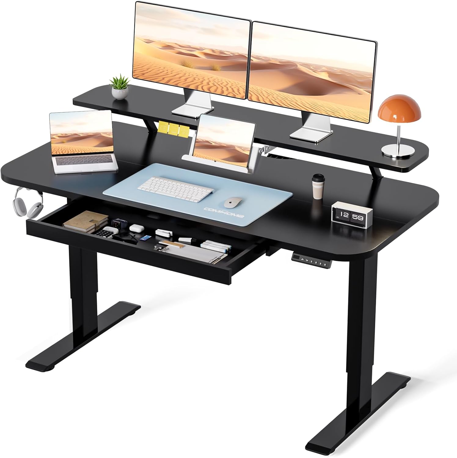 COMHOMA Electric Standing Desk with Drawers, 48 x 24'' Sit Stand up Desk with Monitor Stand, Laptop Stand, Height Adjustable Ergonomic Home Office Computer Desk with Memory Preset Controller (Black) - Image 2