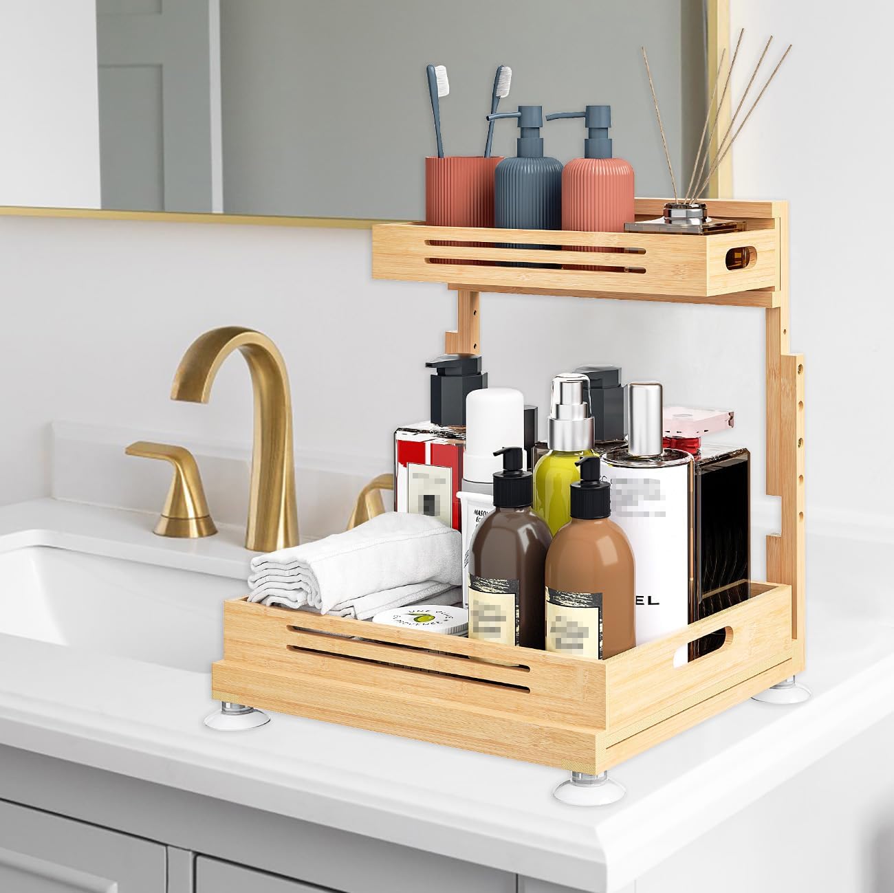 Under Sink Organizer, Pull Out Cabinet Organizer, 2 Tier Slide Out Sink Shelf Cabinet Storage Shelves, Storage for Kitchen Bathroom, Natural Premium Bamboo Wood - Image 8