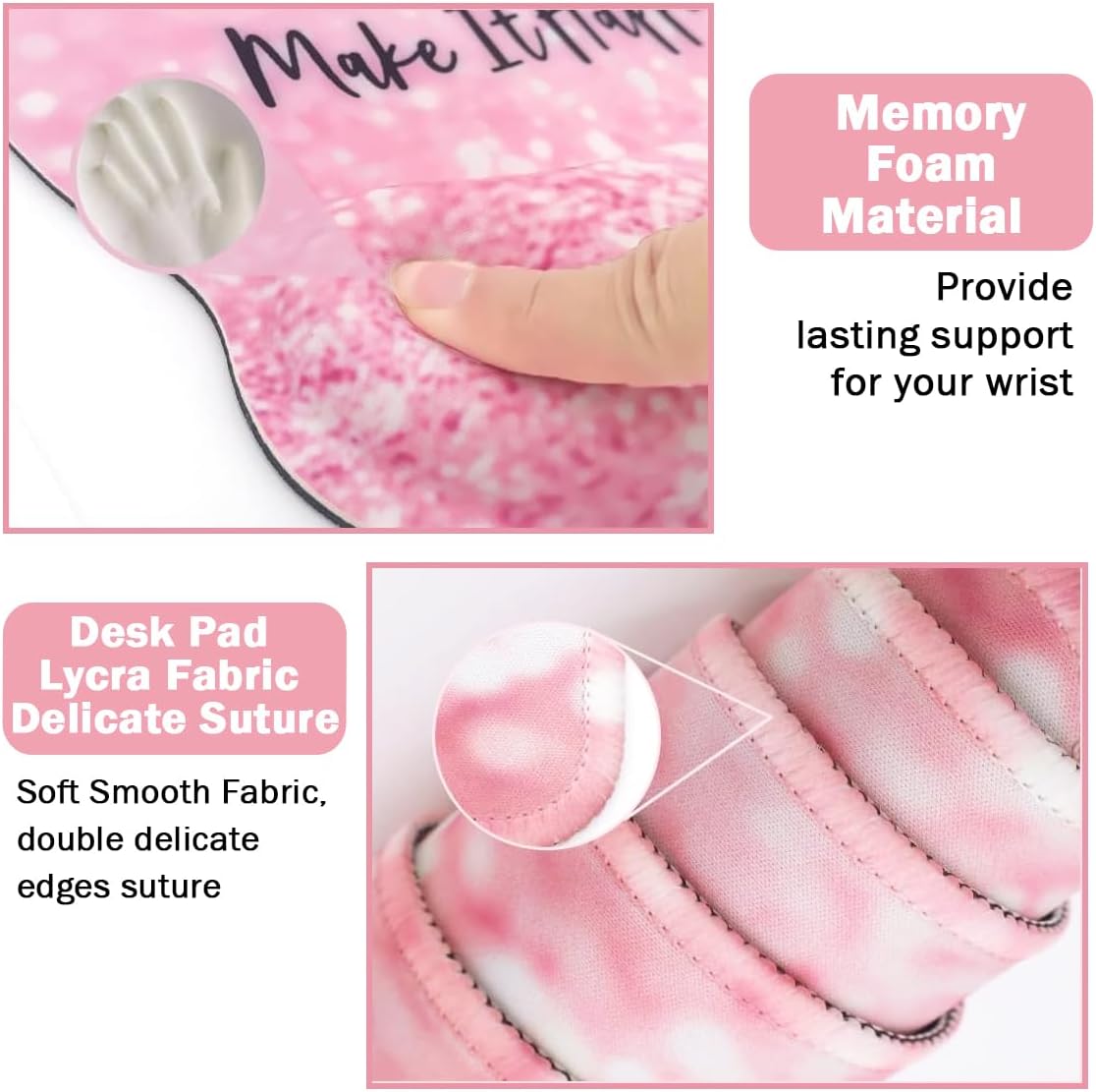 4-in-1 Gaming Mouse Pad Wrist Support Set,Desk Pad + Mouse Pad with Wrist Rest + Keyboard Wrist Rest + Coaster, Ergonomic Design for Home Office Study Game - Pink Stay Positive - Image 5