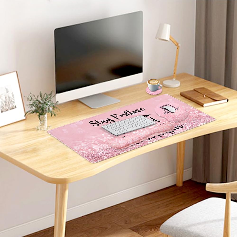 4-in-1 Gaming Mouse Pad Wrist Support Set,Desk Pad + Mouse Pad with Wrist Rest + Keyboard Wrist Rest + Coaster, Ergonomic Design for Home Office Study Game - Pink Stay Positive - Image 8