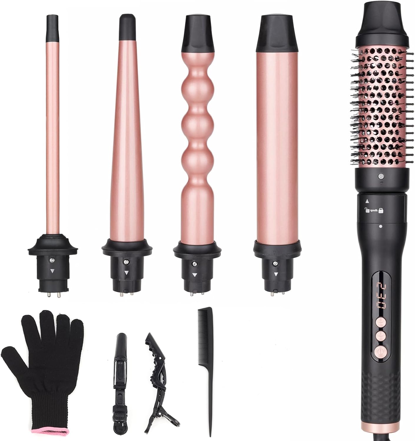 5 in 1 Curling Iron Brush Set with Thermal Brush and 4 Interchangeable Ceramic Curling Wand(0.5”-1.25”), Fast Heating, Dual Voltage, Include Glove - Image 2