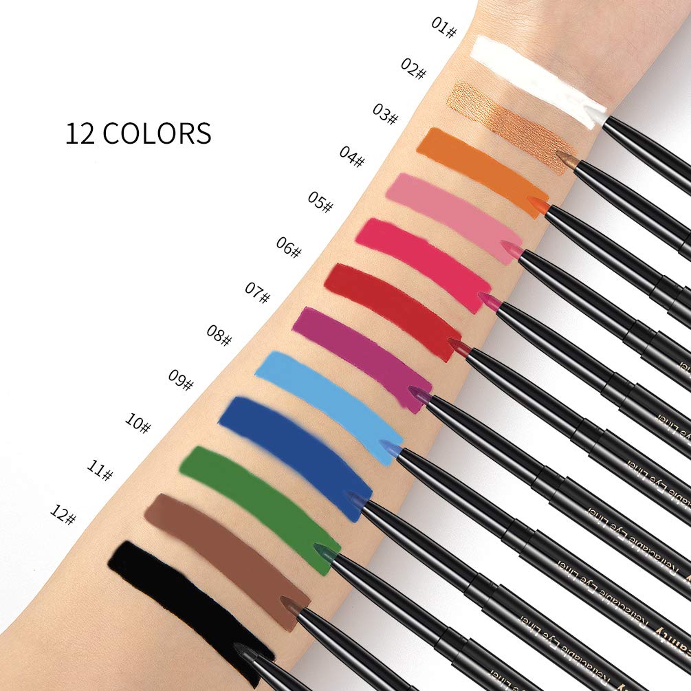 Gel Eye Liner Pencil Set, 12 Colors Retractable Long-Lasting Smooth Waterline Eye Liner Lip Liner Eyeshadow - Vegan, Cruelty Free - Image 3