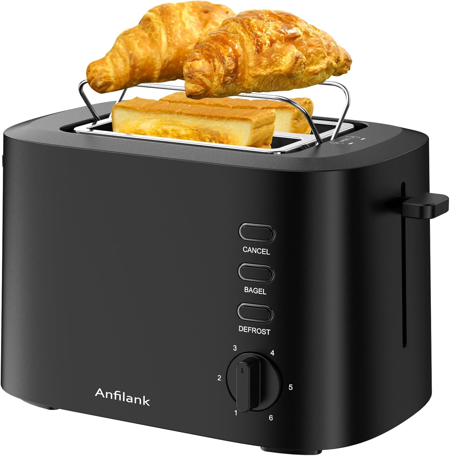 Compact Toaster 2 Slice with 1.5" Extra Wide Slots, Built-in Warming Rack & Removable Crumb Tray, 6 Browning Options, with Defrost/Bagel/Cancel Function - Matte Black - Image 2