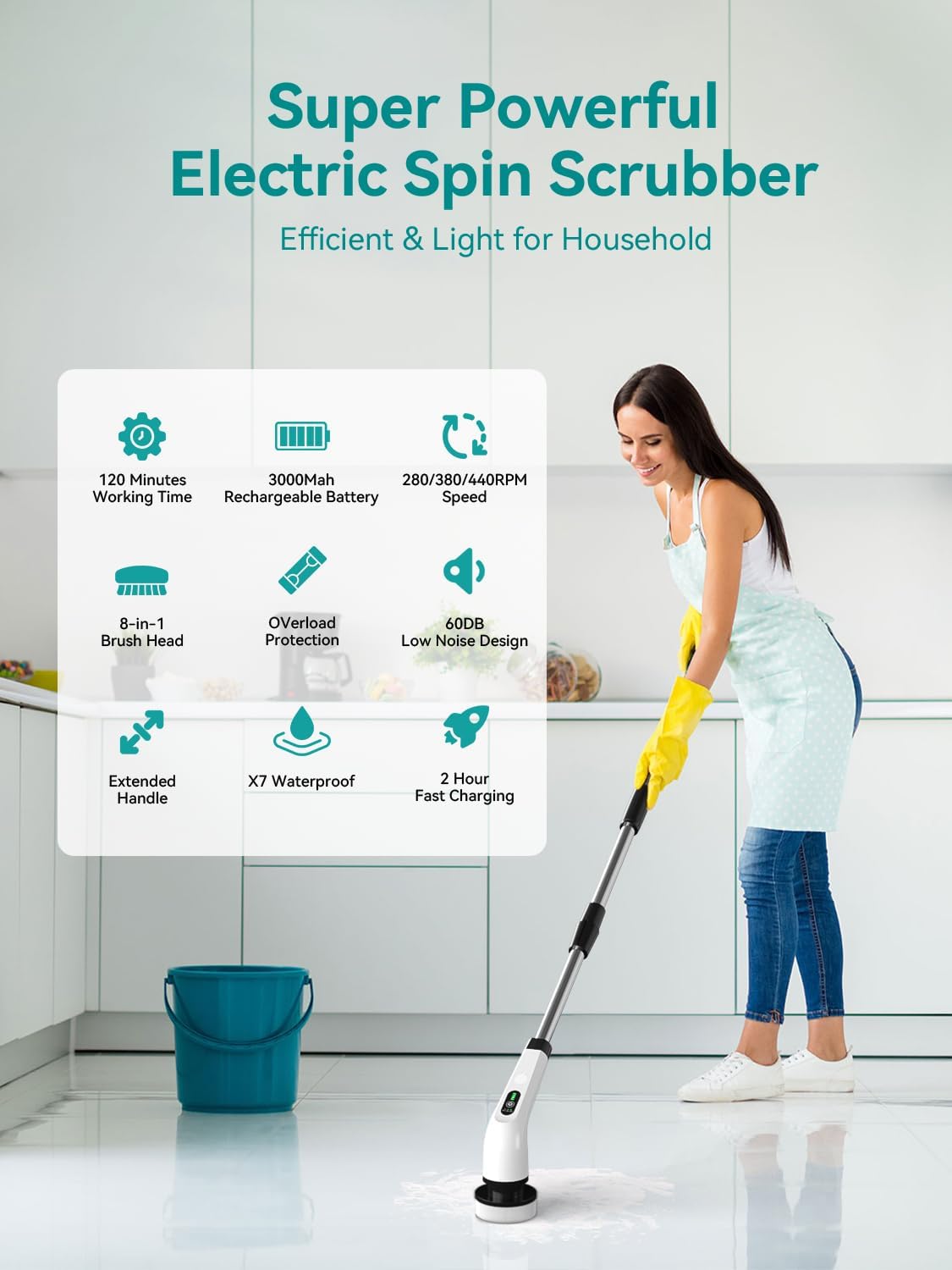 3-Speed Electric Spin Scrubber for Bathroom, 120Mins Runtime, Cordless Power Cleaning Brush with 8 Brush Heads, 3000mAh Shower Scrubber with Long Handle, Floor Scrubber, Grout Brush Bathtub Cleaning - Image 8