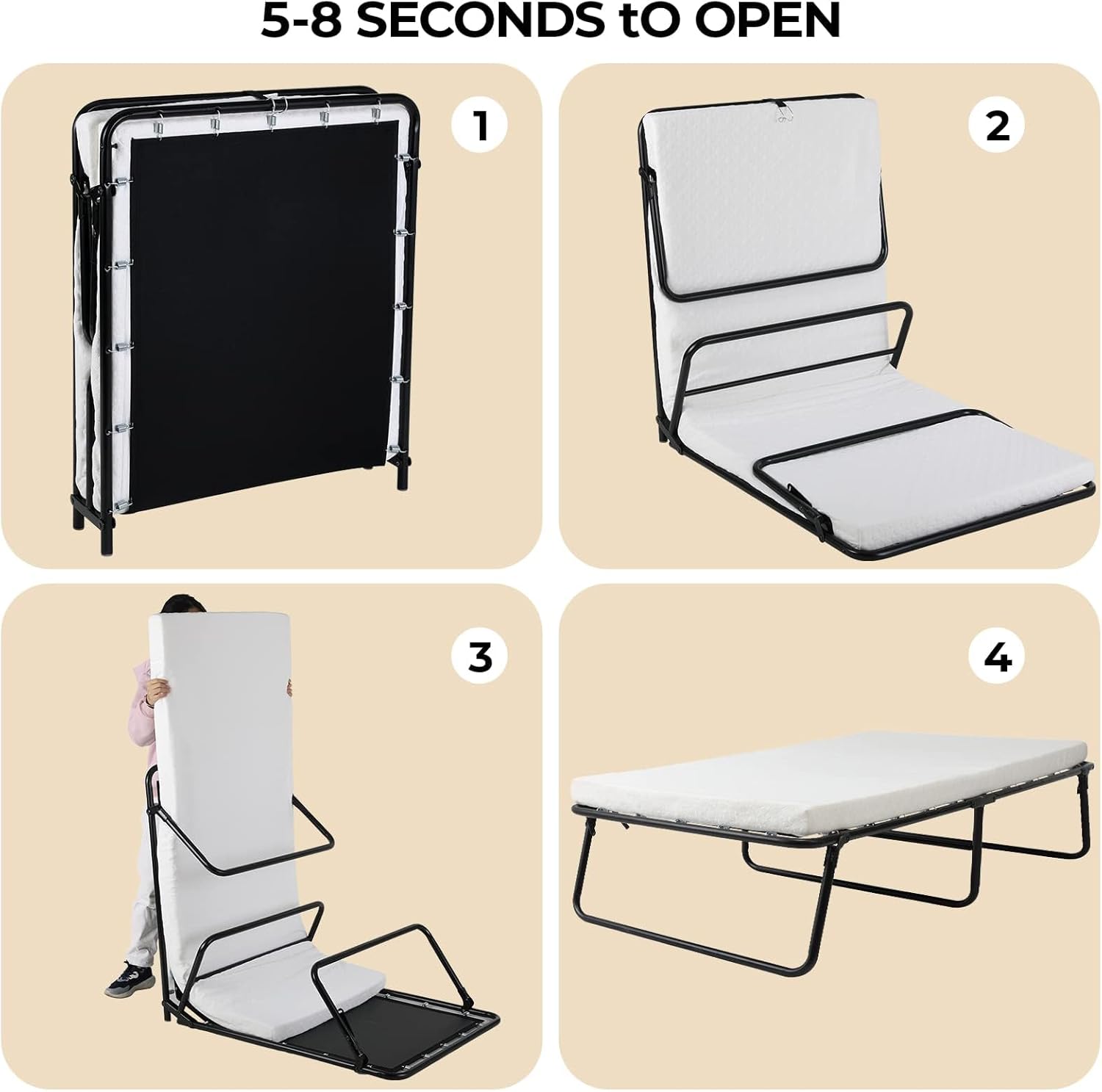 MAMIZO Folding Bed with Wheels, Rollaway Bed with Mattress for Adults, Portable Bed, Metal Frame with Memory Foam Mattress, Guest cot for Bedroom, Office, Camp, No Assembly, 75"x31" - Image 10