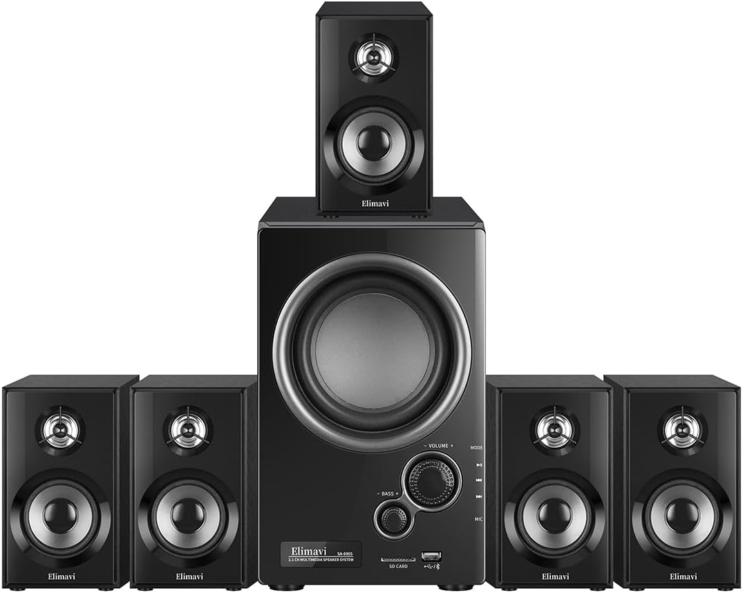 5.1 Surround Sound System with 5.5'' Subwoofer Stereo System for Home with 2.5'' Midrange Home Theater Speakers, Home Speaker System with 3.5-RCA/USB/Wireless/AUX Audio Inputs - Image 8