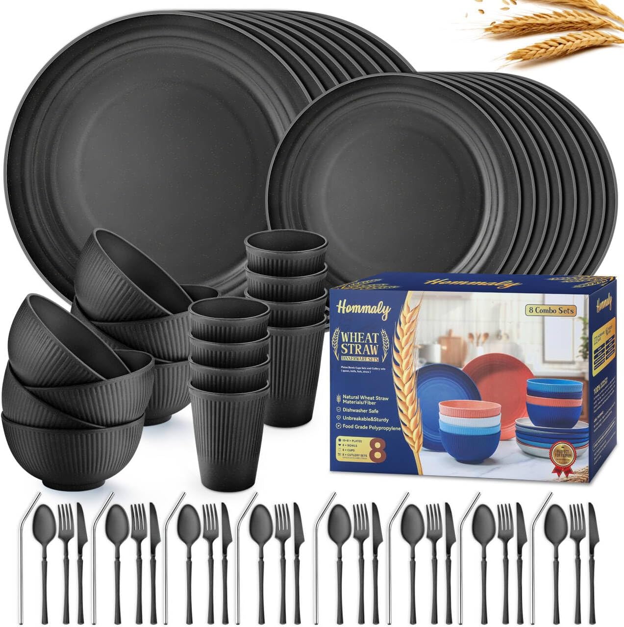 Wheat Straw Dinnerware Sets,64-Piece Black Plates and Bowls Sets for 8-Unbreakable,Reusable Plastic Dish Set-Dinner Plate/Dessert Plate/Cereal Bowl/Cup/Utensils-Microwavable Dishwasher Safe 64P-BLACK - Image 2