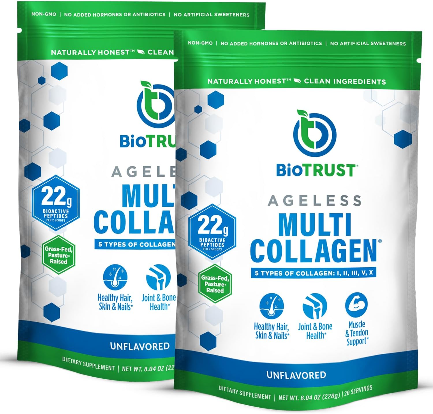 BioTrust Ageless Multi Collagen Protein Powder – 5 Collagen Types (I, II, III, V, X) for Hair, Skin, Nails & Joints – Grass Fed Beef, Sustainable Fish, Chicken & Eggshell Membrane (Unflavored, 2 Pack) - Image 2