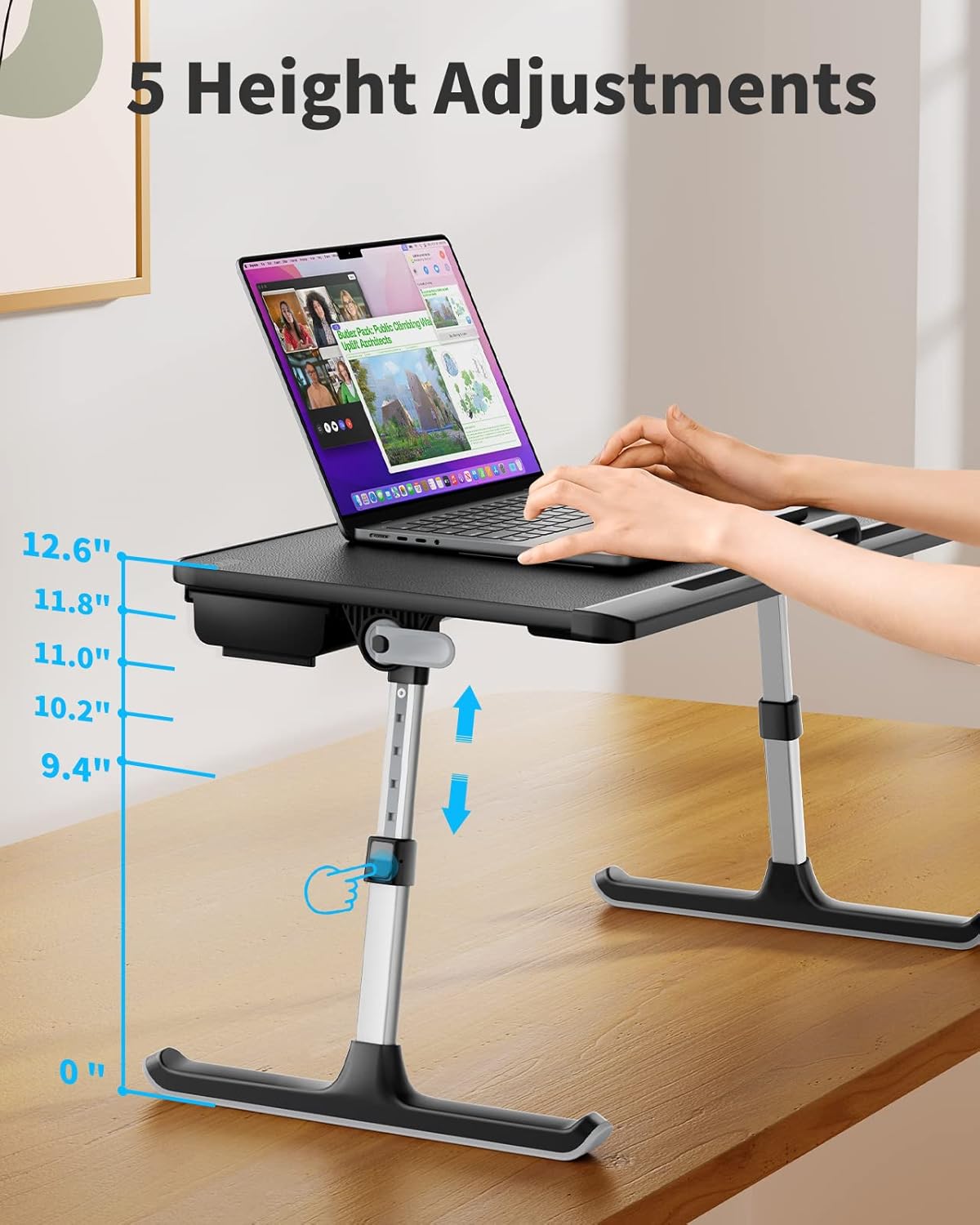 SAIJI Laptop Bed Tray Table, Adjustable PVC Leather Laptop Bed Table, Portable Standing Desk with Storage Drawer, Foldable Lap Tablet Table for Sofa Couch Floor (Dark Black) - Image 5