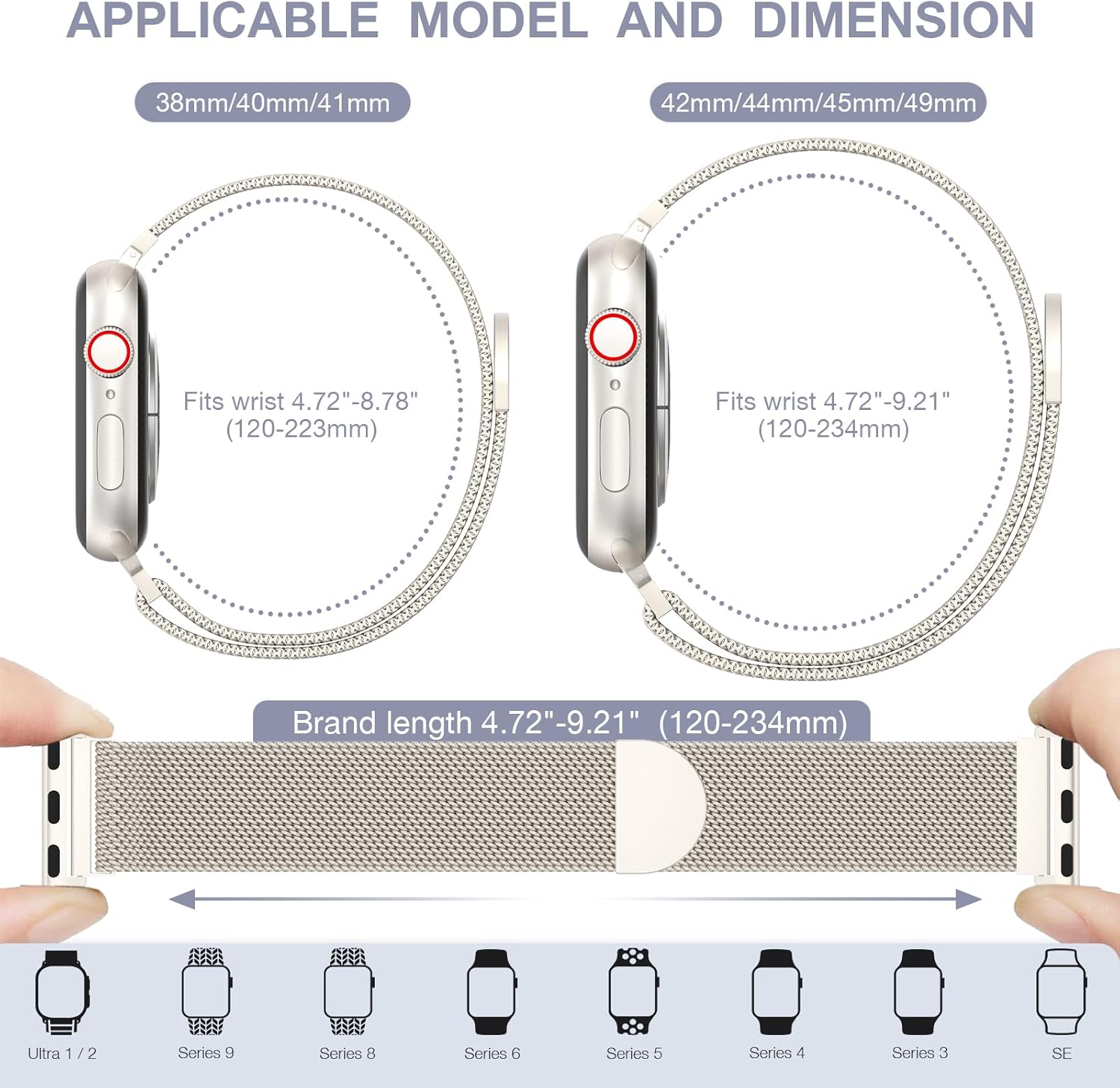 BELONGME 3 Pack Mesh Loop Compatible with Apple Watch Bands for Women Men 40mm 41mm 38mm 42mm 44mm 45mm 49mm 46mm Series 10 9 8 7 6 5 4 3 2 1 Ultra SE, Stainless Steel Metal Magnetic Strap for iWatch - Image 6
