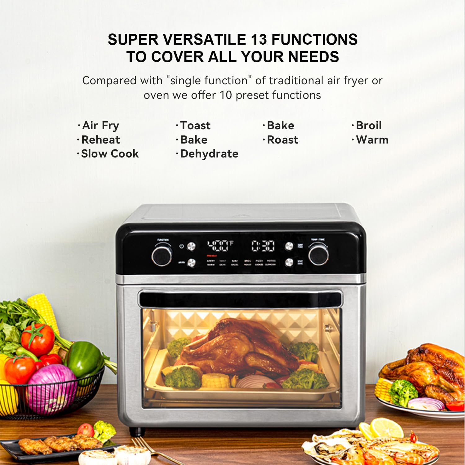 27.5 QT Air Fryer Toaster Oven, 12-in-1 Combo Countertop Convection Oven, with six additional accessories for enhanced usability along with a recipe book, Chrome - Image 6