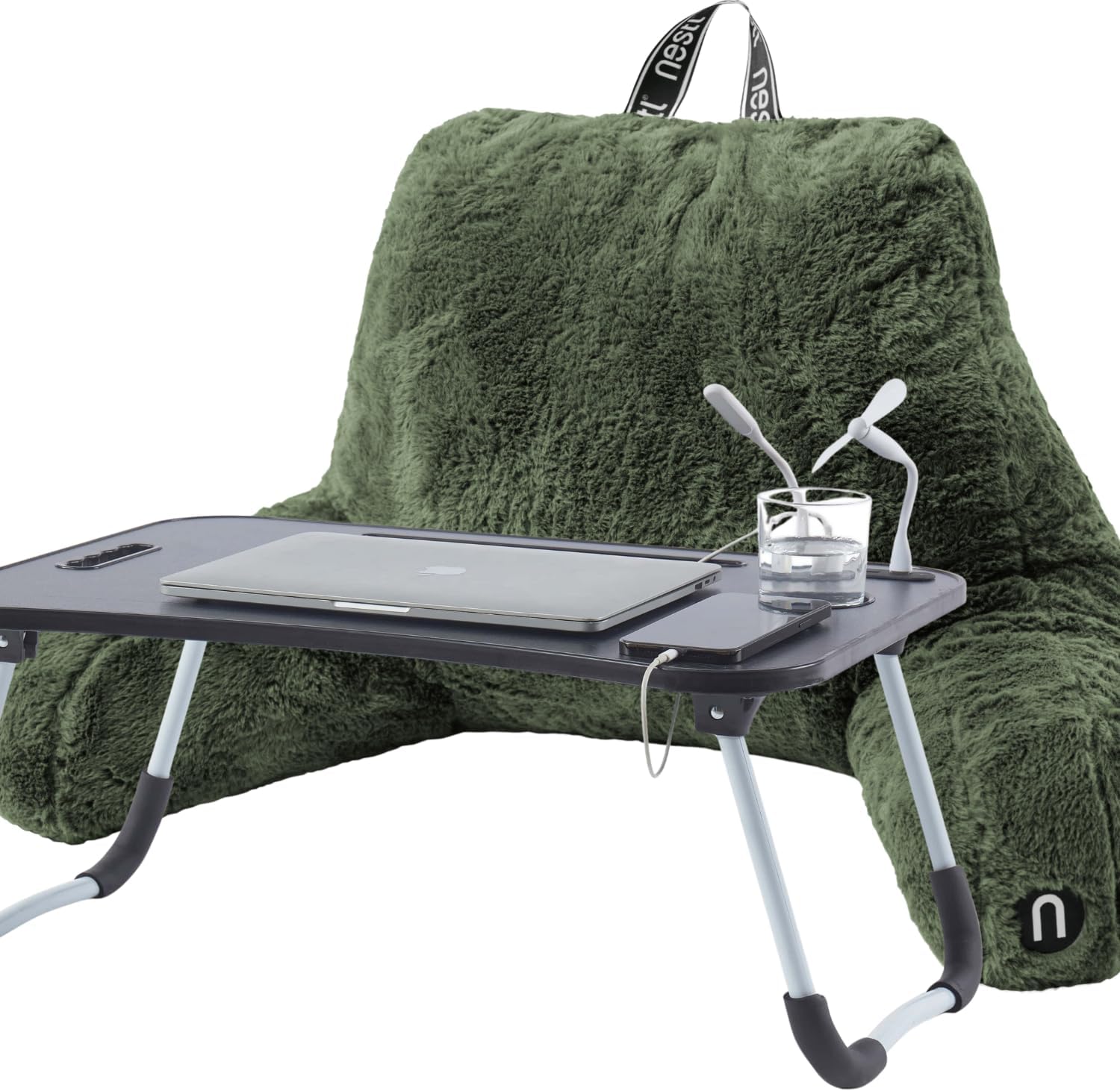 Nestl Fur Reading Pillow with Laptop Lap Desk, Stylish Back Pillow for Sitting Up, Lap Desk with Reading Pillows for Sitting in Bed Adult & Kids, Faux Fur Chair Pillow with Arms - Olive Green - Image 2