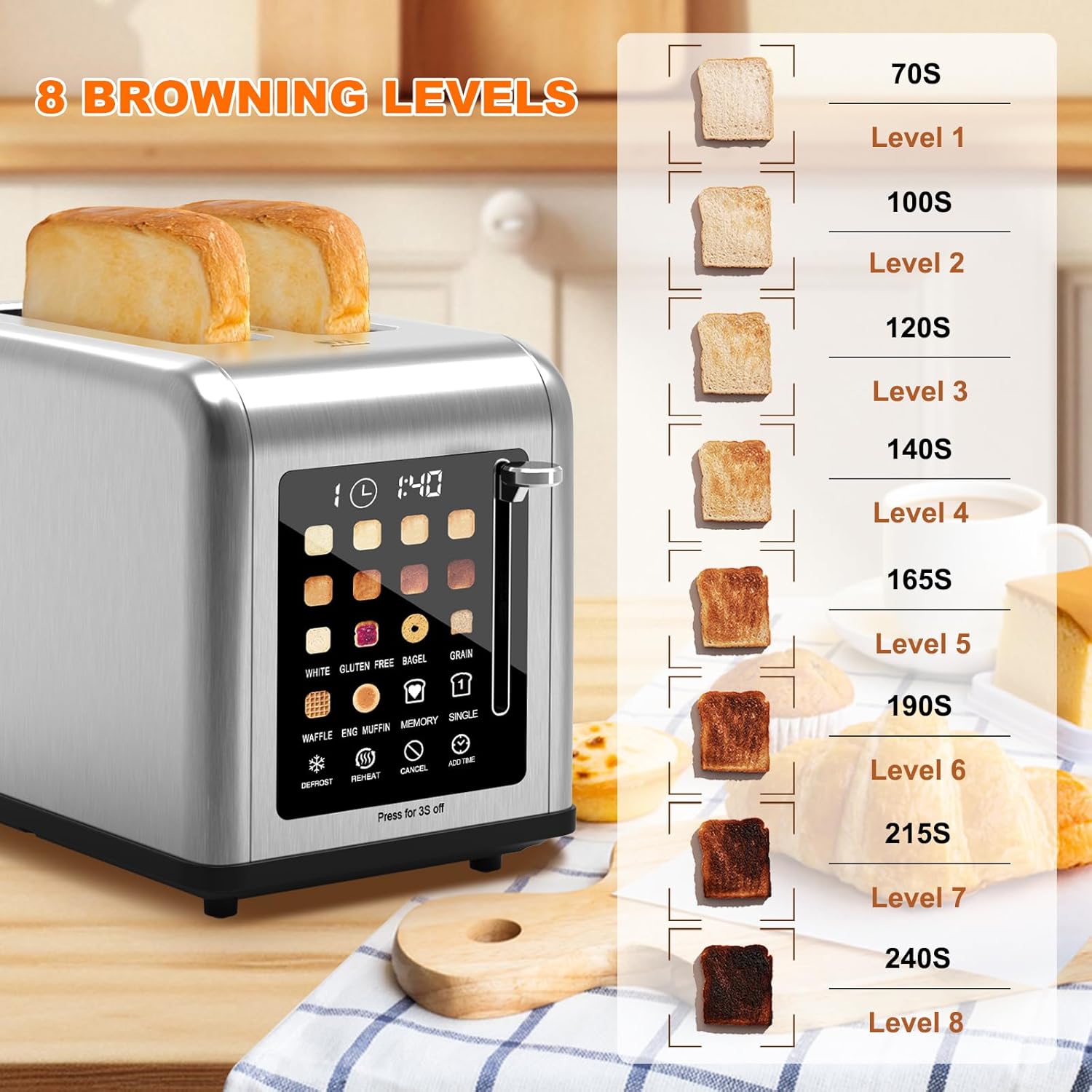 2 Slice Toaster Touch Screen, Stainless Steel Toasters Digital Timer 2 Slot Toasters, 8 Shade Settings 6 Bread Types for Bagel, Cancel, Defrost(Stainless Steel) - Image 3
