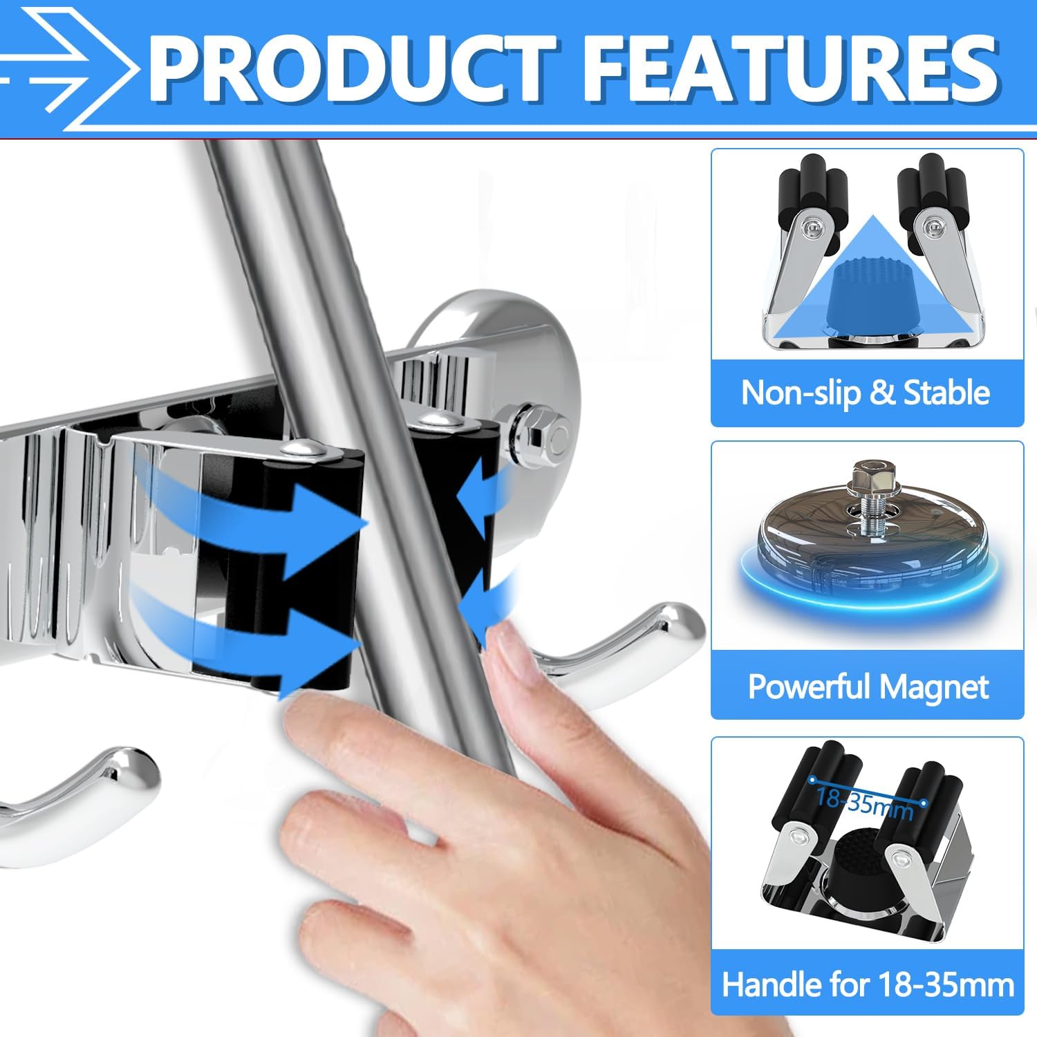 3-H Magnetic Broom Holder Wall Mounted 1 Pack, Strong Magnetic Broom Hooks 13 Inch, Heavy Duty Magnet Broom Organizer Wall Mounted, Utility Storage Tools Rack for Home Kitchen Workshop Laundry Garage - Image 4