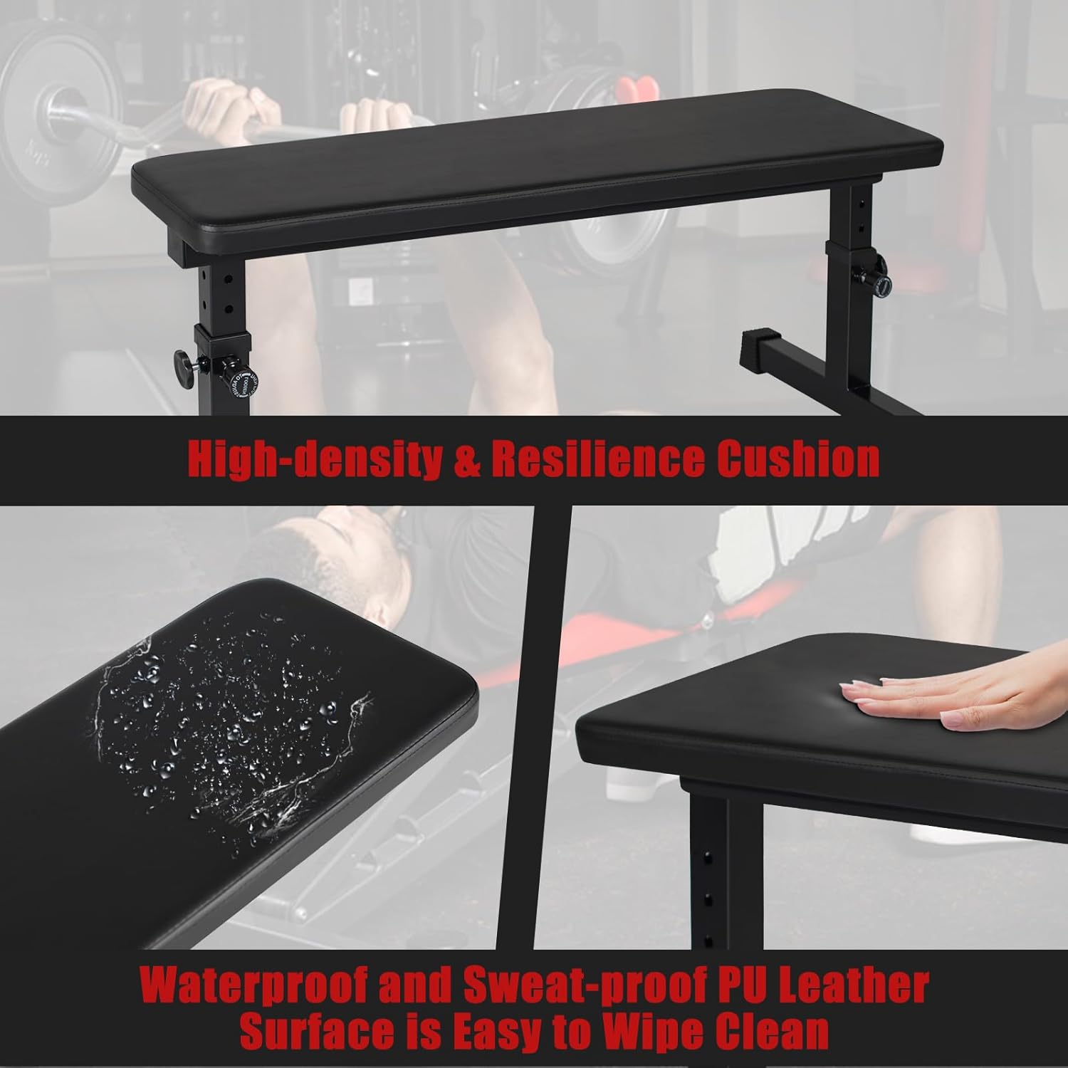 Flat Weight Bench, Utility Workout Adjustable Height Weight Bench Press with Thick Cushion & Anti-slip Foot Pads, Compact Strength Training for Exercise & Fitness, Home/Gym Easy Assembly - Image 4