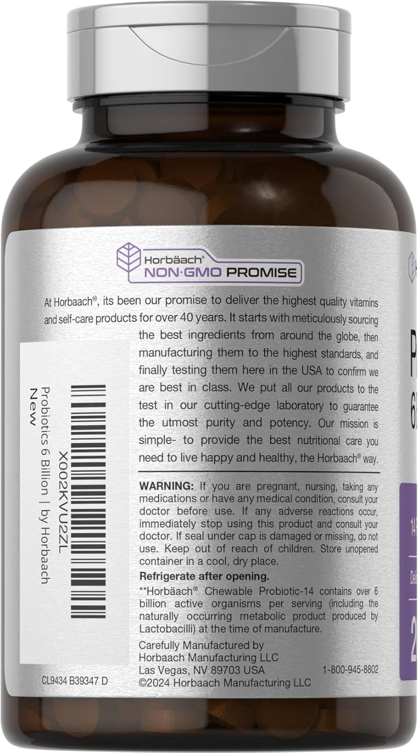 Horbäach Probiotics 6 Billion CFUs | 200 Chewable Tablets | Berry Flavor | 14 Probiotic Strains | Vegetarian, Non-GMO & Gluten Free Supplement for Men & Women - Image 4