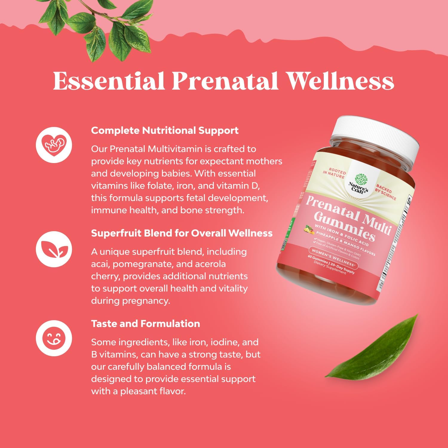 Natures Craft Vegan Prenatal Gummies for Women - Gummy Prenatal Vitamins for Women with Iron Folic Acid and Superfruit Blend - Chewable Vitamins Gummy Formula (Pineapple Mango) Trial Size - Image 4