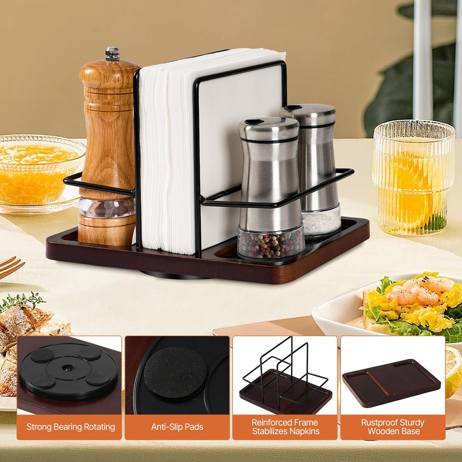 Napkin Holder for Table,Rotating Wood Metal Napkin Holder with Salt and Pepper Shakers Caddy,Farmhouse Rustic Vertical Napkin Dispenser for Kitchen Dining Table Decor,Not Including Shakers - Image 4