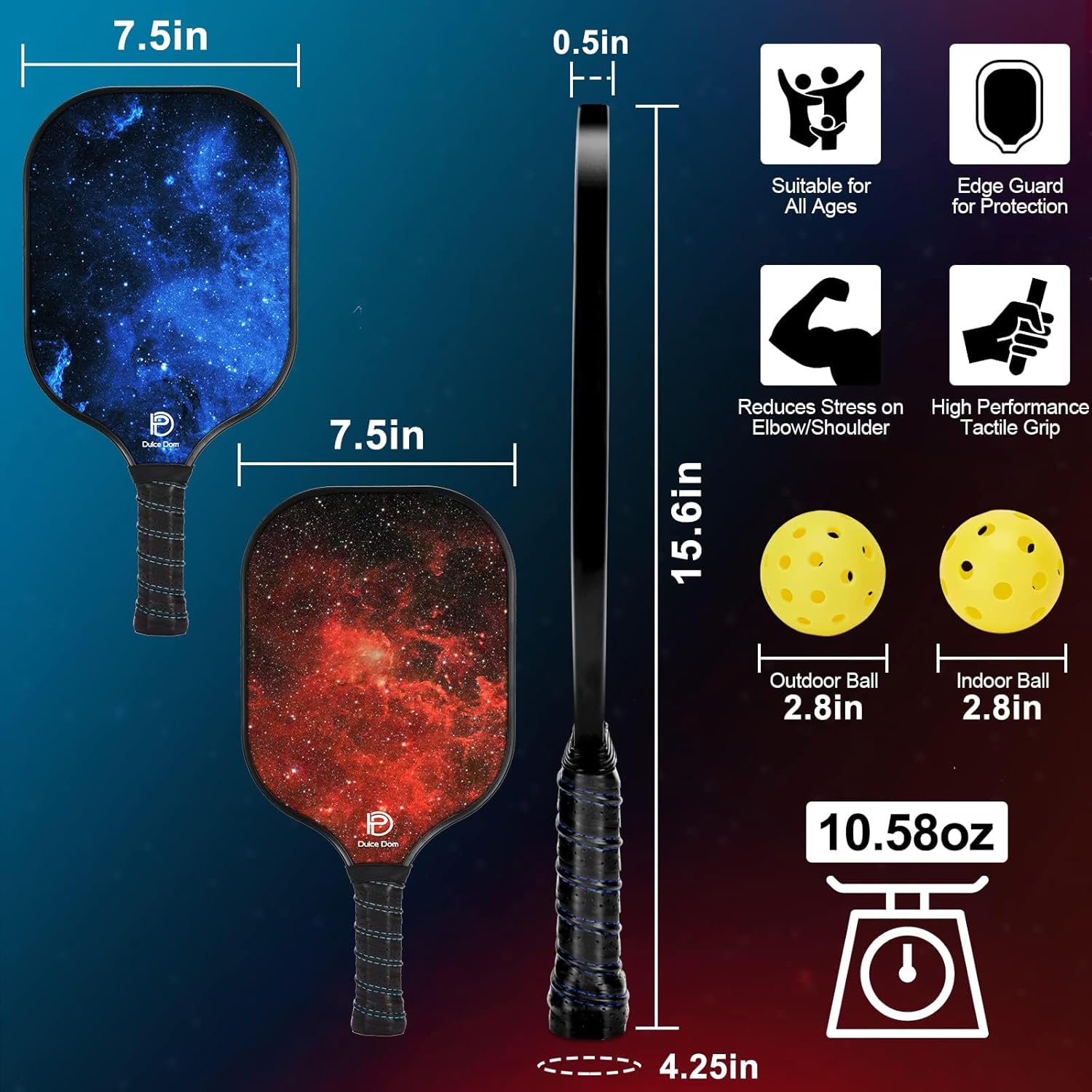 DULCE DOM Pickleball Paddles Set of 2/4 - USAPA Approved, Fiberglass Surface Pickleball Racket with 4 Indoor Outdoor Pickleball Balls and Pickleball Bag, Ideal Training Equipment Gift for Men & Women - Image 5