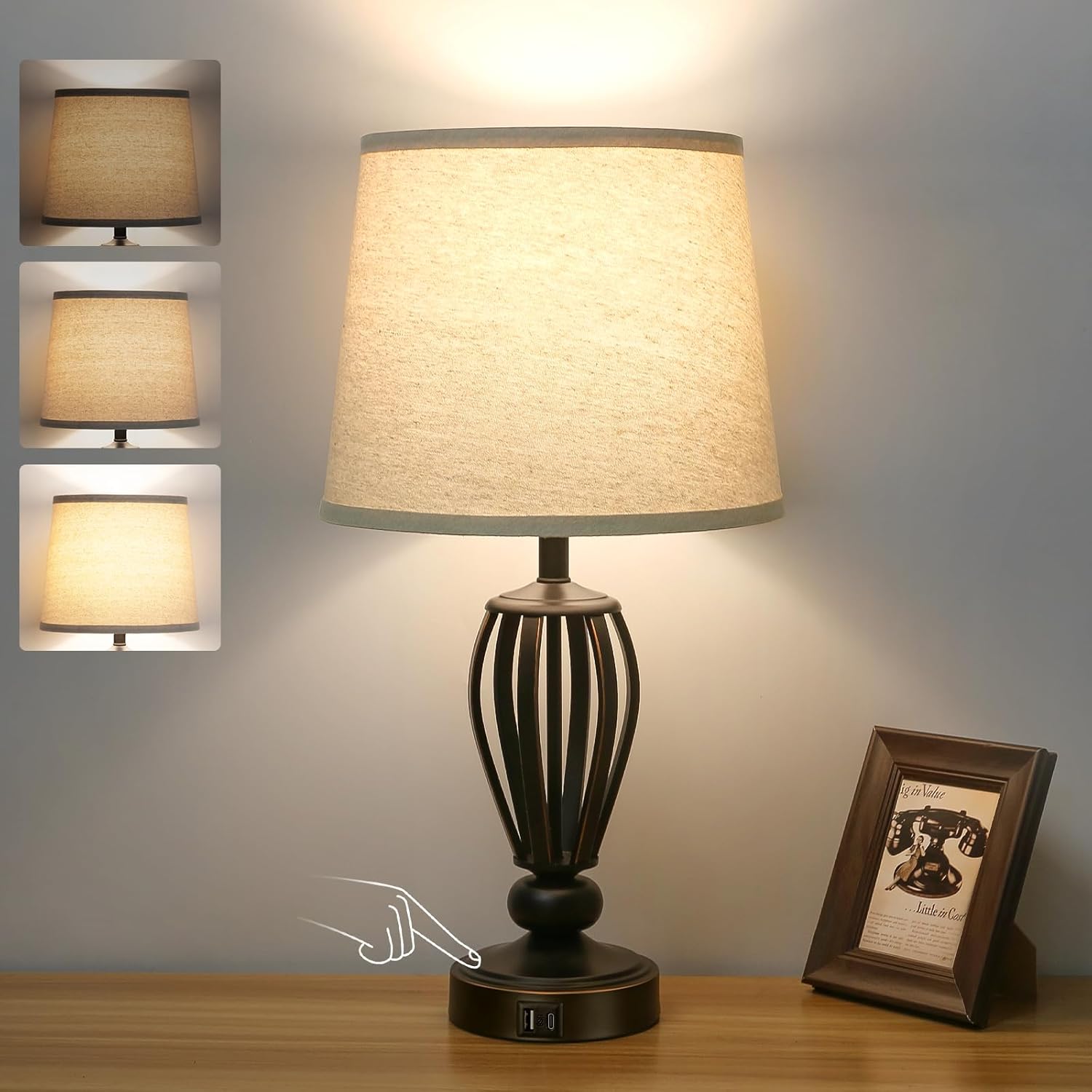 USB Bedside Lamp, 3-Way Dimmable Touch Table Lamp with USB C+A Charging Ports Industrial Table Lamp Black Metal Base Farmhouse Reading Lamp for Bedroom, Living Room, Office or Study LED Bulb Included - Image 2