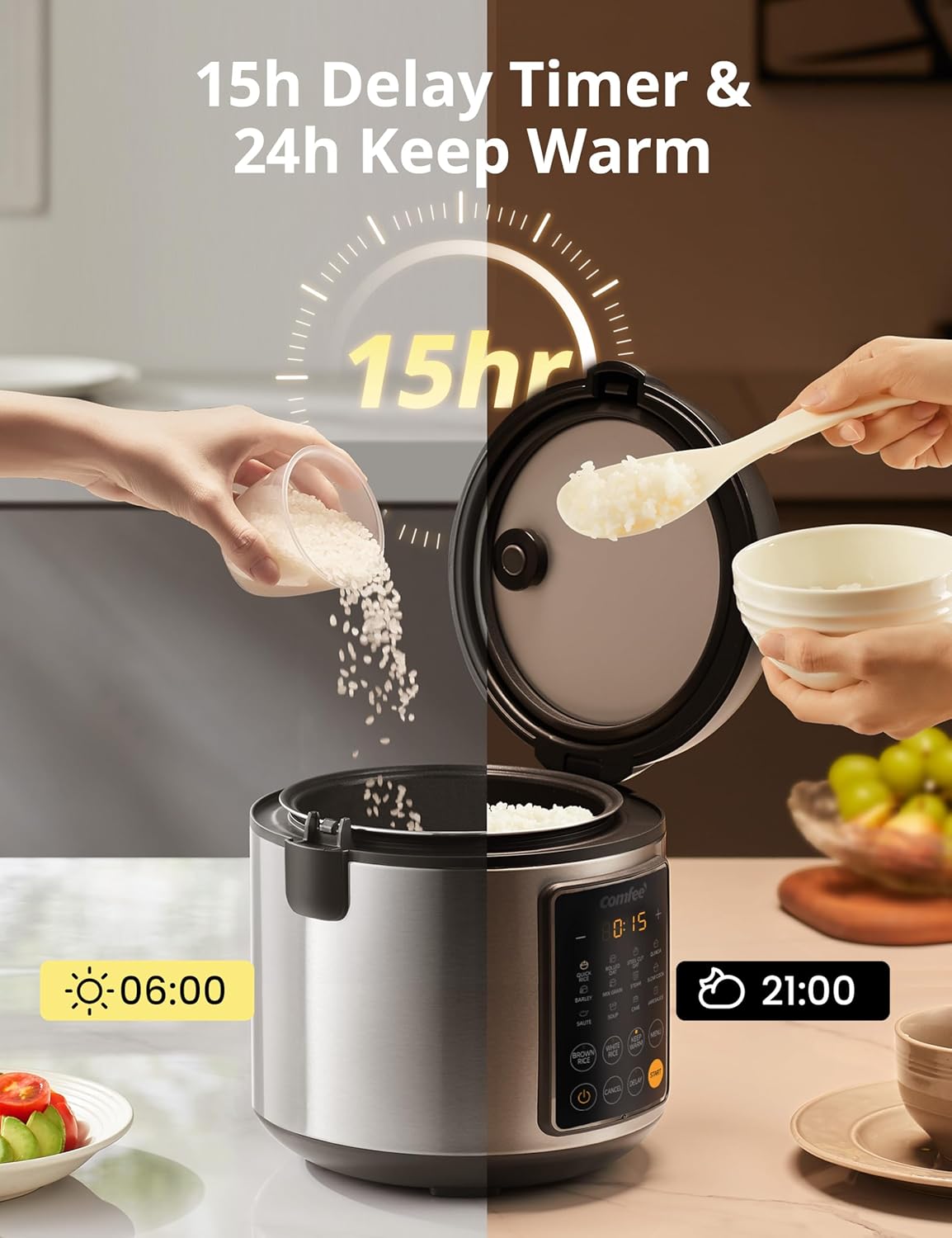 COMFEE' Rice Cooker, 14-in-1 Stainless Steel Multi Cooker, Slow Cooker, Steamer, Sauté, and Warmer, 5.3 QT, 20 Cups Cooked (10 Cups Uncooked), Brown Rice, Quinoa and Oatmeal - Image 8