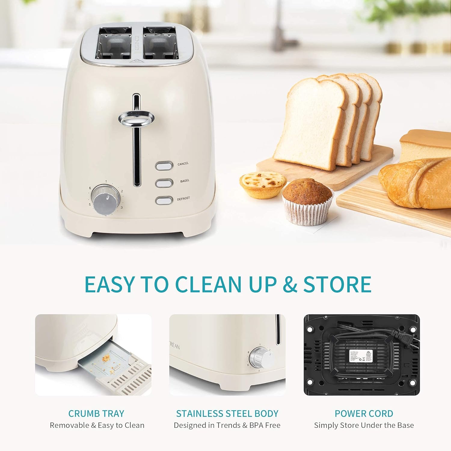 Ultrean Toaster 2 Slice with Extra-Wide Slot for Toasting Bagels, Breads, Waffles & More, Stainless Steel Material with Removable Crumb Tray, 6 Browning Settings - Image 5