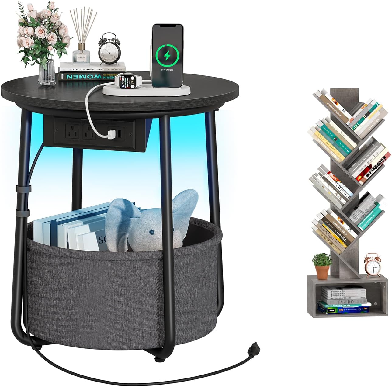 Yoobure Tree Bookshelf - 6 Shelf Retro Floor Standing Bookcase, Round Side Table, LED Night Stand with Charger Station - Image 2