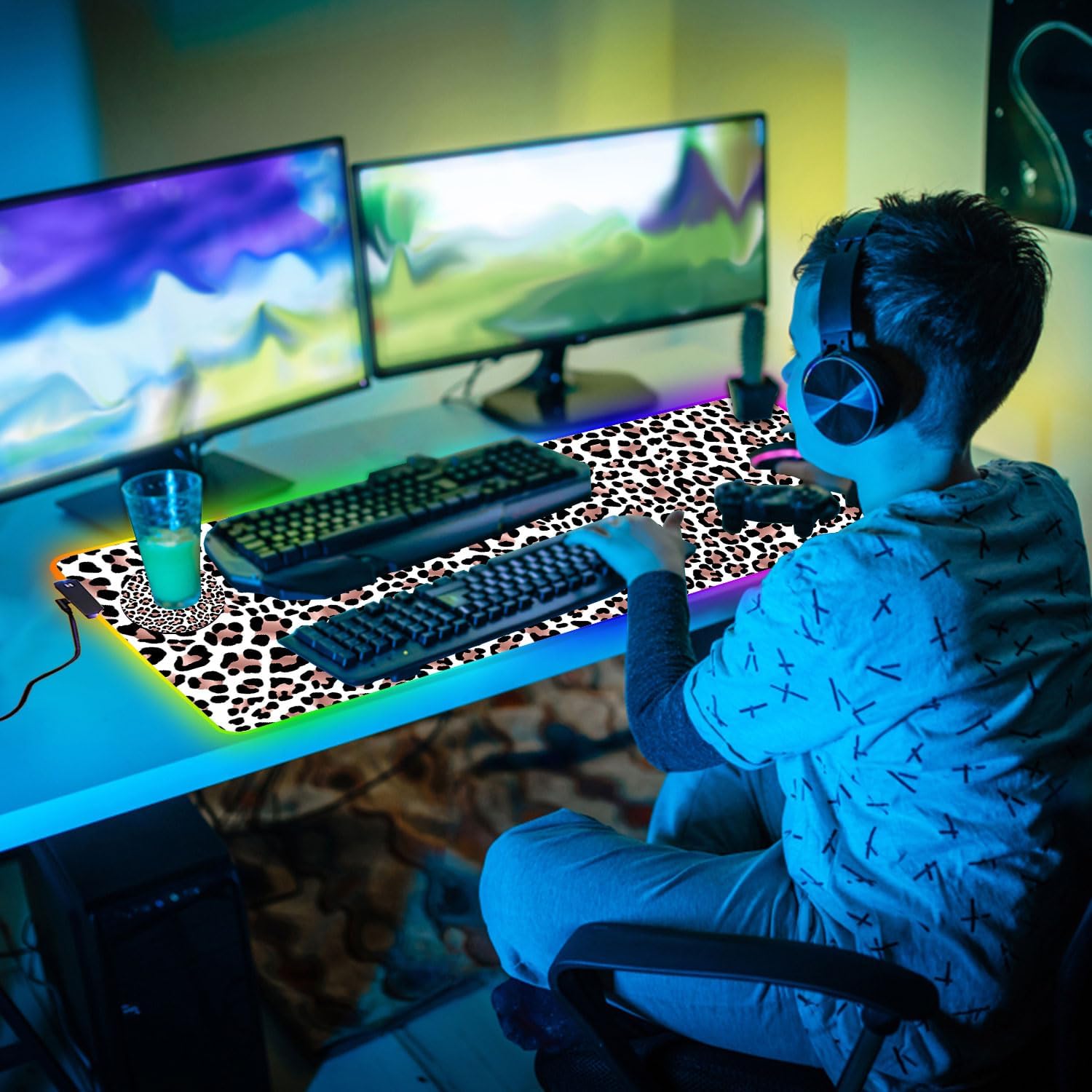 Customized RGB Gaming Mouse Pad and Coffee Coaster,Large Glowing Led Anti-Slip Rubber Base Computer Keyboard Desk Mouse Mat 31.4x11.8 Inch,Leopard Print - Image 4