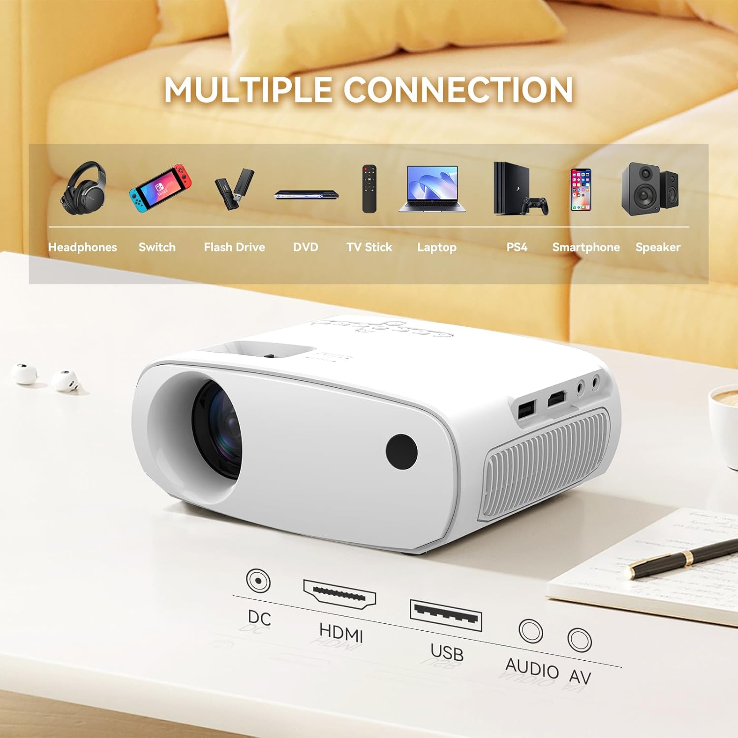 Mini Projector with Wifi Portable Projector Support 1080P 170" Mini HD Movie Projector, Outdoor Projector Compatible with Phone/ Tablet/ Laptop/ TV Stick/ PS4/ HDMI/USB - White - Image 4