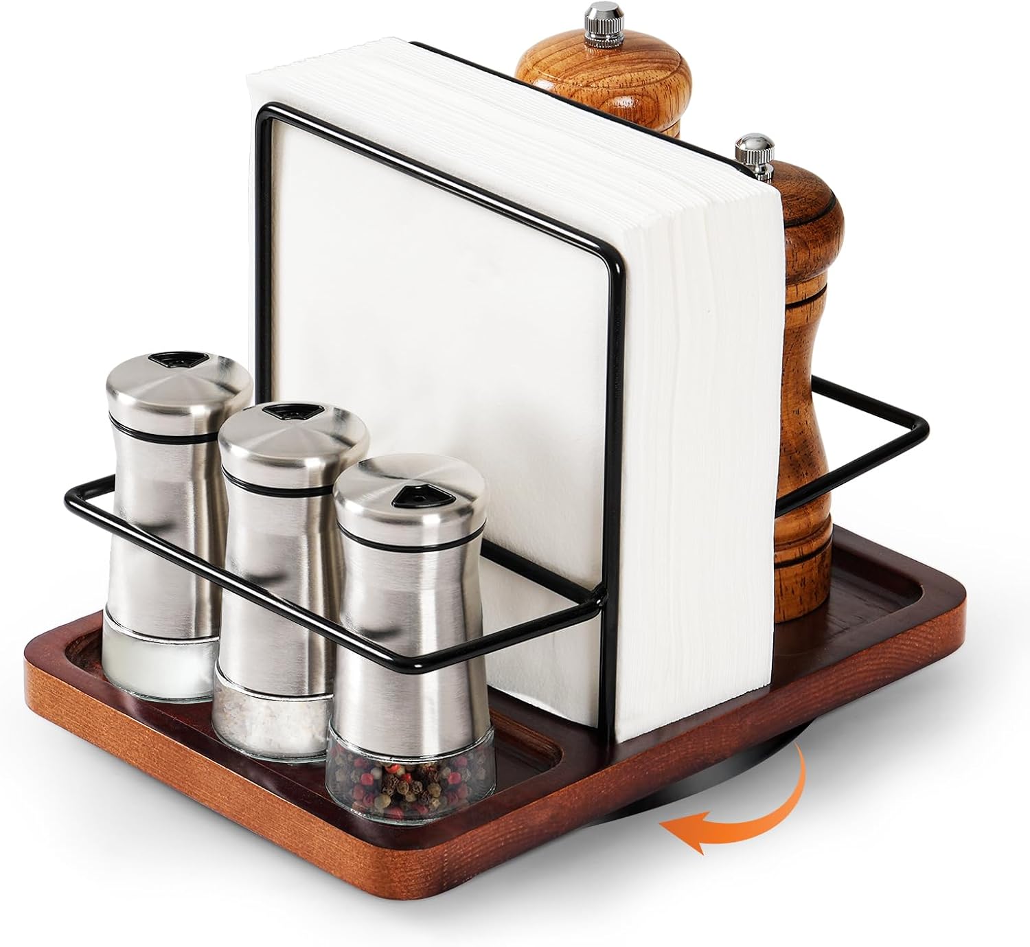 Napkin Holder for Table,Rotating Wood Metal Napkin Holder with Salt and Pepper Shakers Caddy,Farmhouse Rustic Vertical Napkin Dispenser for Kitchen Dining Table Decor,Not Including Shakers - Image 2