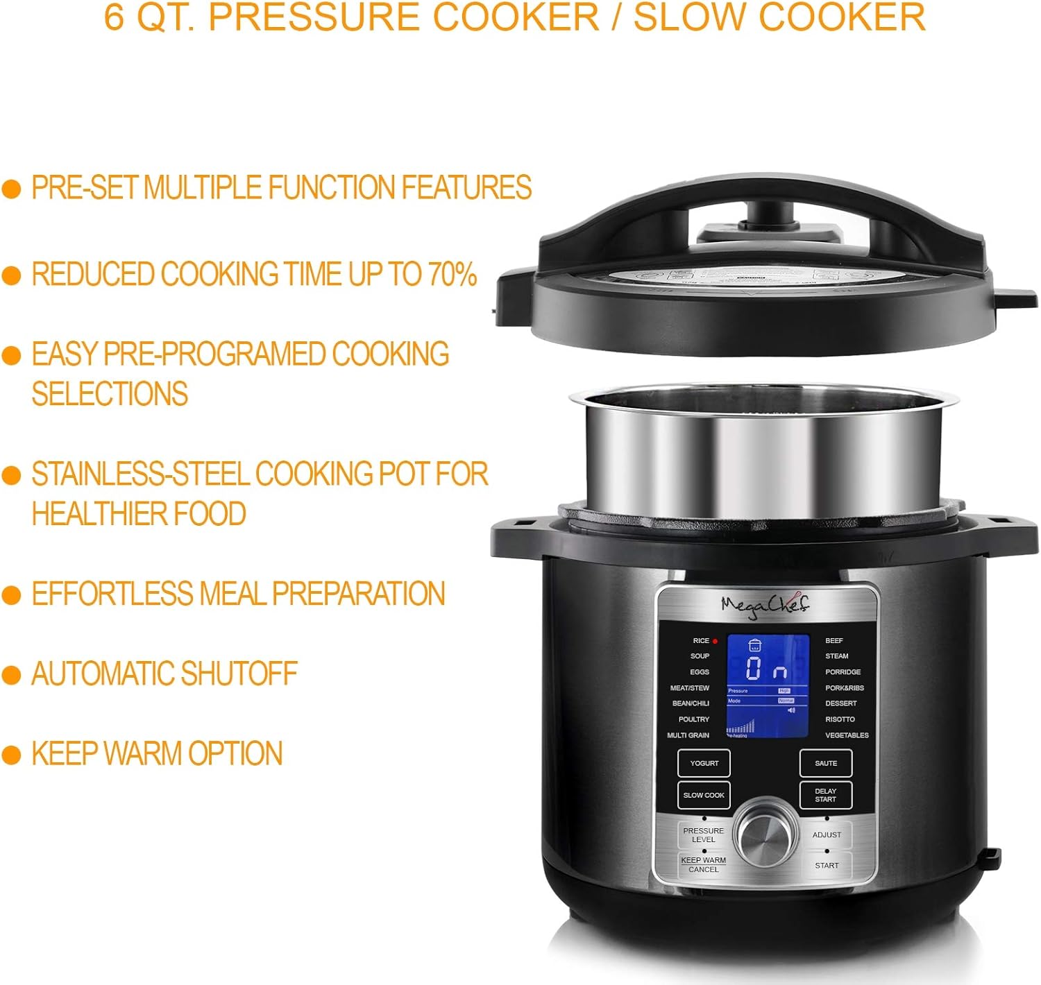 Megachef 6 Quart Stainless Steel Electric Digital Pressure Cooker with Lid - Image 3