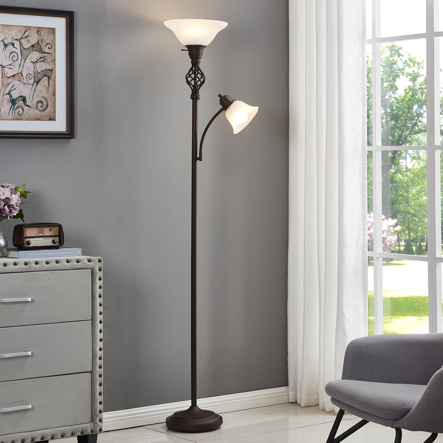 Torchiere Floor Lamp for Living Room, LED Standing Reading Light for Bedroom with Glass Shade for Living Room Corner Bedroom Home Office,Bulbs Included (Red Brown,Glass 2 Head) - Image 5