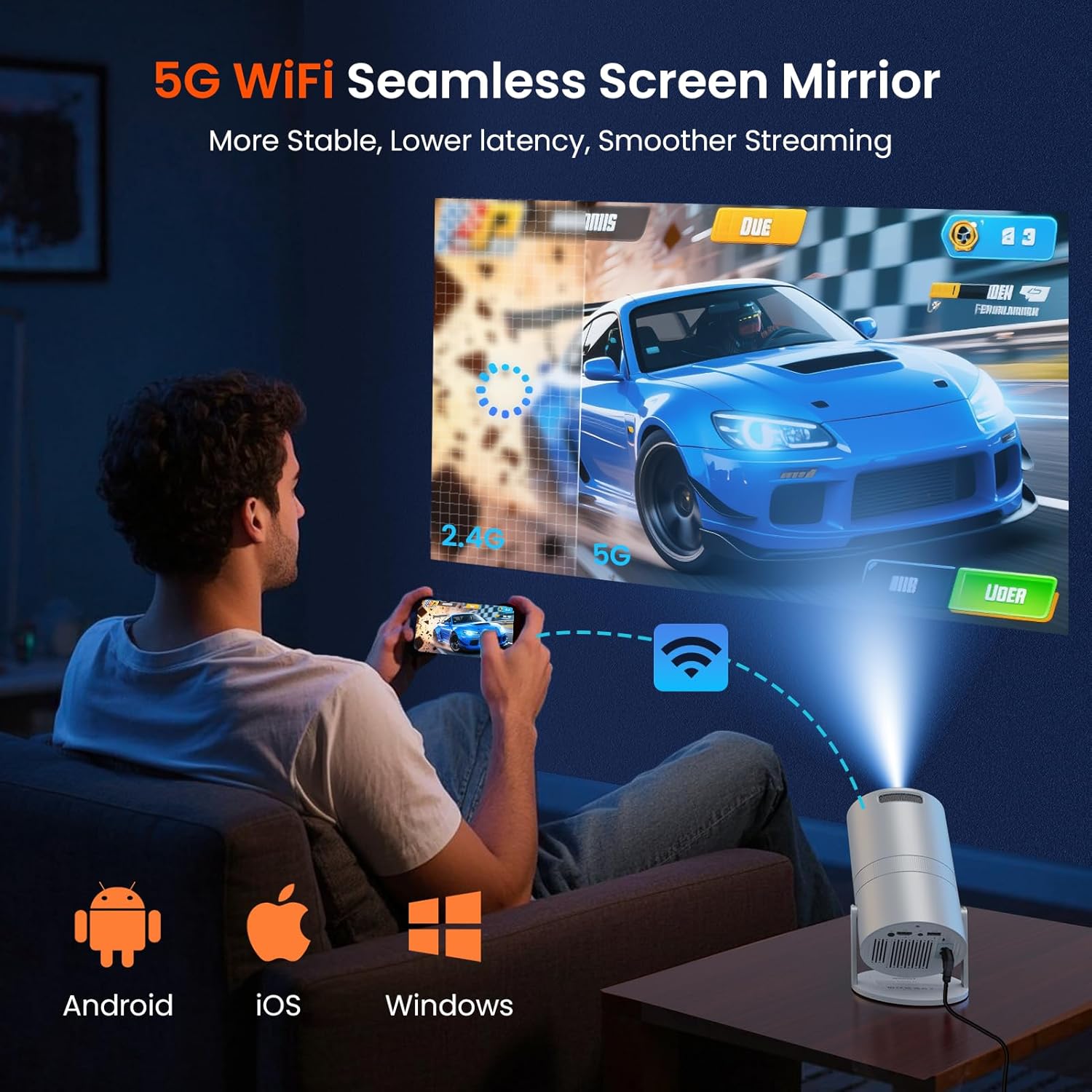 Mini Projector with WiFi and Bluetooth, Portable Movie Projector with 180° Rotatable, 1080P HD Supported, Auto Vertical Keystone, Compatible with Smartphone, TV Stick, Laptop, HDMI, USB - Image 3