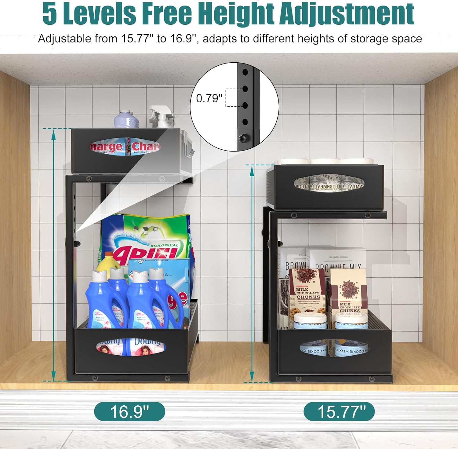 2 Pack Under Sink Organizer, 2 Tier Metal Pull Out Under Sink Storage with Sliding Mesh Drawers, Height Adjustable Slide Out Under Sink Organizer for Kitchen Bathroom Cabinet, Black - Image 3