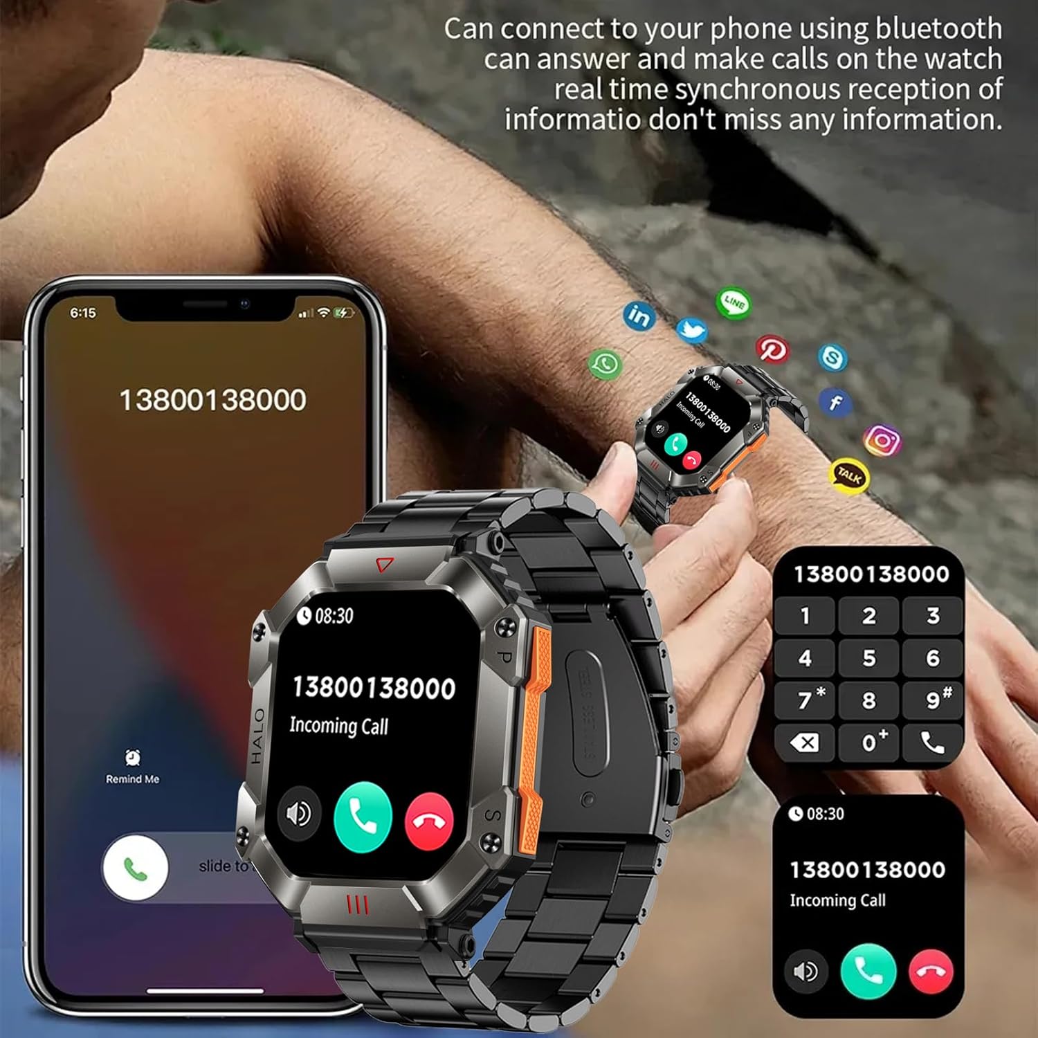 2024 New Military Smartwatch Men, Bluetooth Call 2.0" Large Screen Outdoor Activity Tracker Heart Rate Monitor Sport Fitness Watches Men Smart Watch for Android/iOS - Image 5