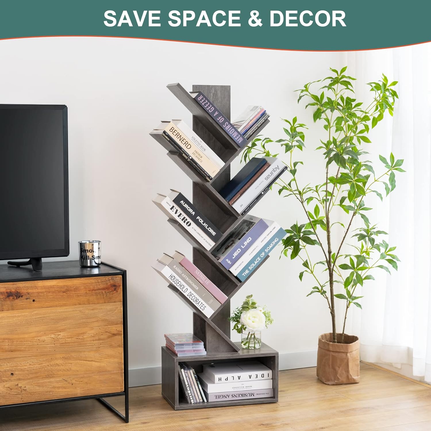 Yoobure Tree Bookshelf - 6 Shelf Retro Floor Standing Bookcase, Round Side Table, LED Night Stand with Charger Station - Image 5