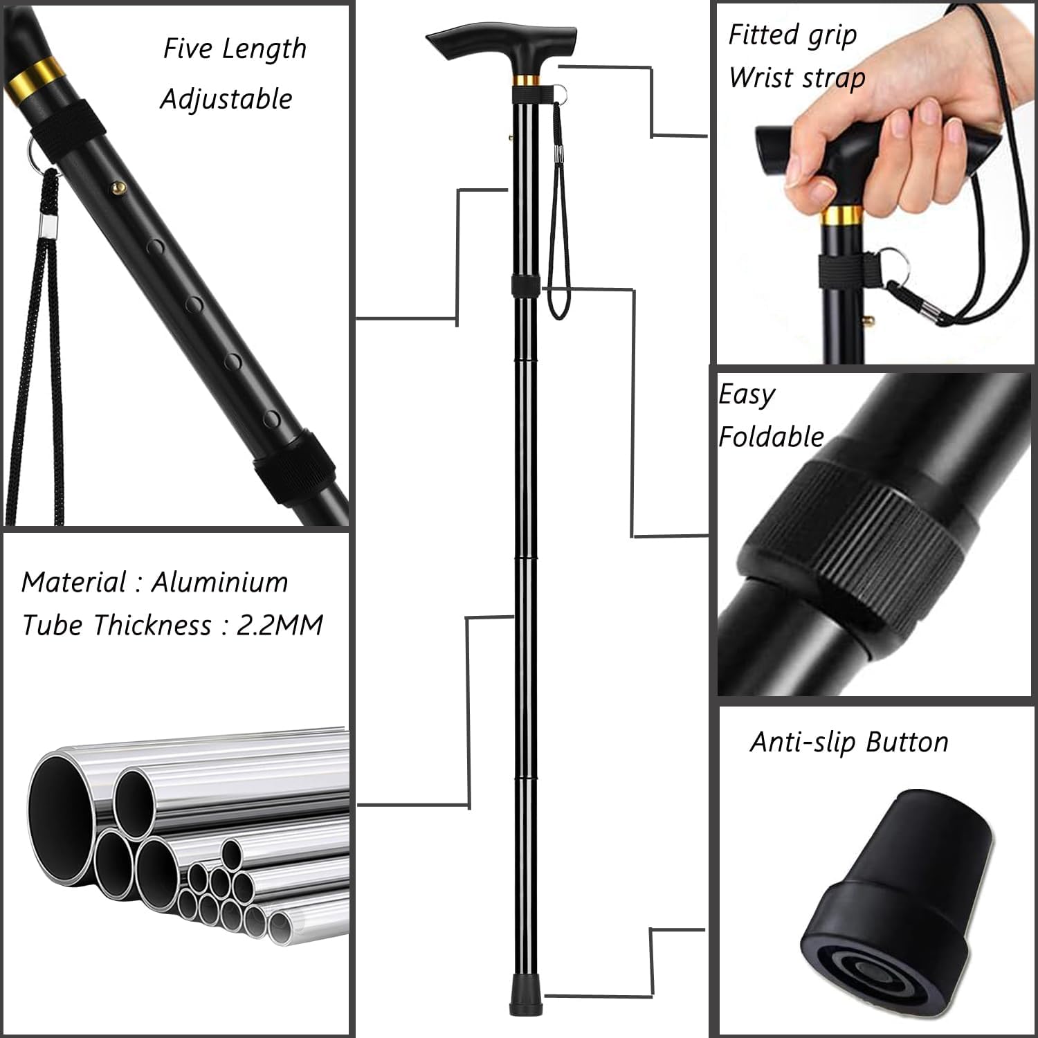 Aluminum Alloy Walking Sticks & Foldable Anti-Slip Hiking Stick - Length Adjustable for Elderly - Image 5