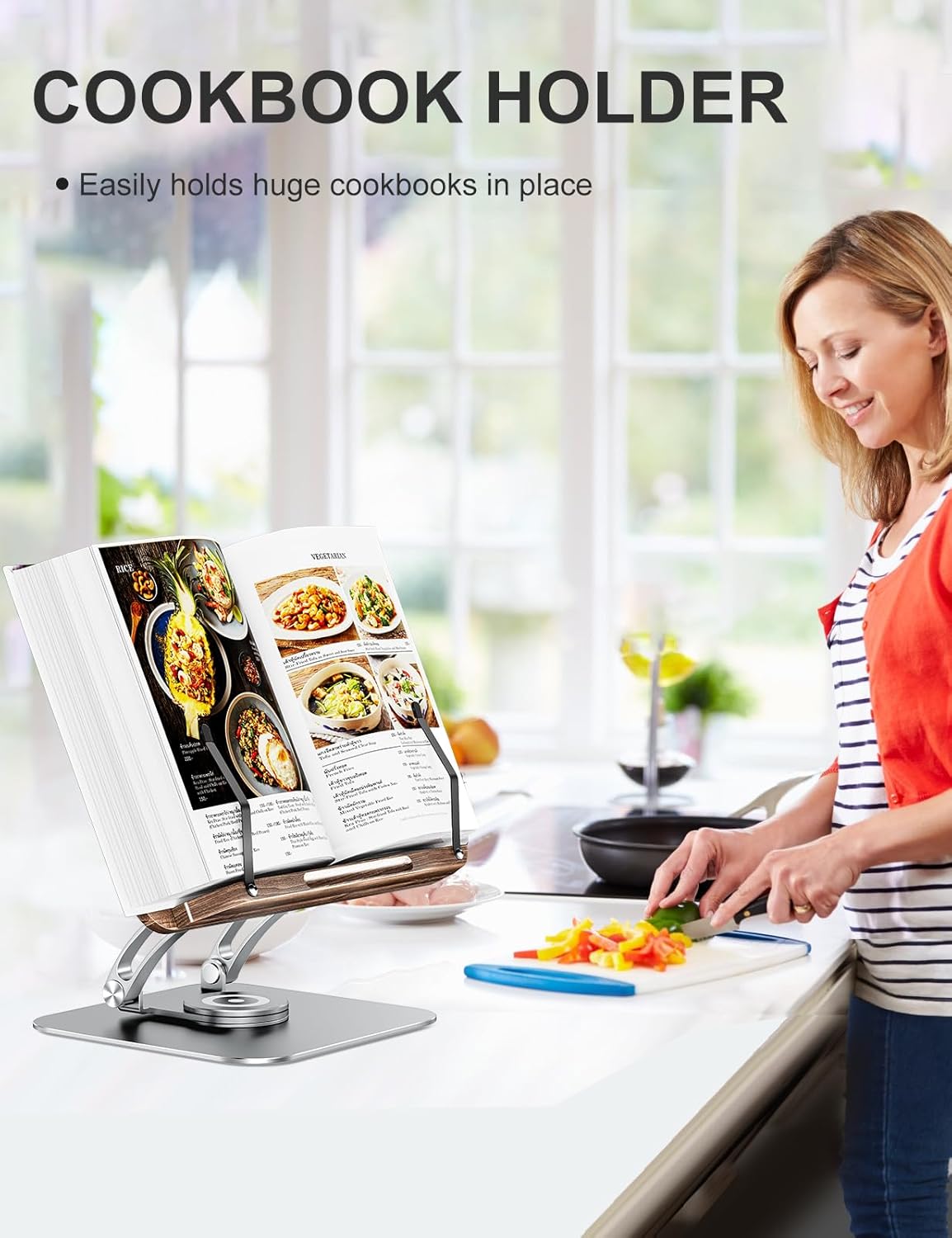 Tounee Book Stand for Reading, Adjustable Book Holder with 360° Swivel Base, Foldable Cookbook Stand Recipe Book Holder with Elastic Page Clips for Music Scores, Recipe, Tablet, Laptop-Silver - Image 4