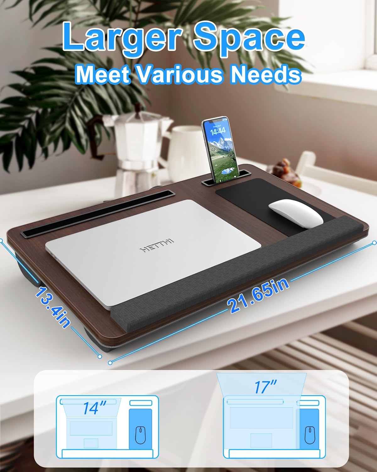 Laptop Lap Desk, Portable Large Laptop Desk for Bed, Up to 17 in Lap Table with Wrist Rest, Mouse Pad, Tablet Phone Slot, Portable Handle, Lap Tray with Cushion (Dark Brown) - Image 3