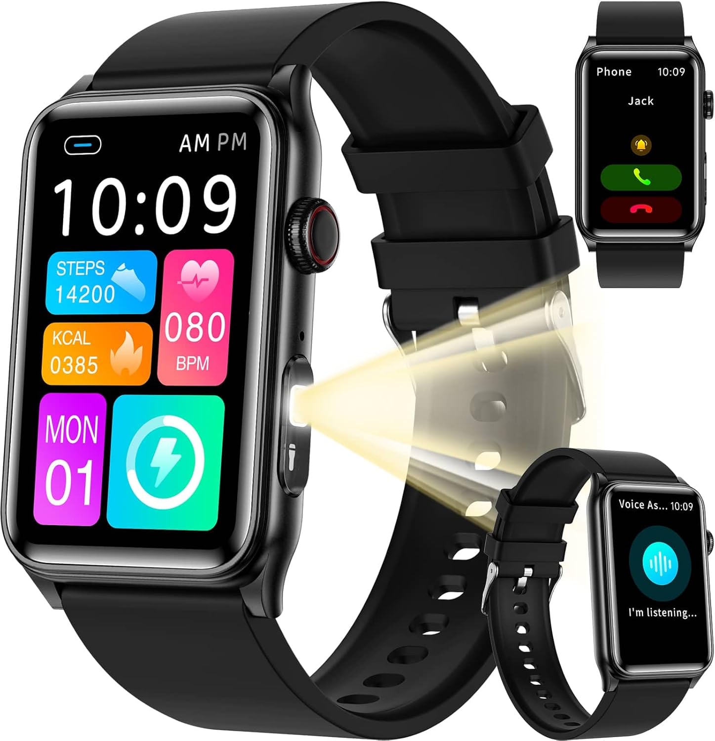 Fitness Tracker Smart Watch with LED Flashlight, 24/7 Stress/SpO2/Heart Rate Monitor, Sleep Tracker 100+ Sport Modes Step Calorie Counter Pedometer IP68 Waterproof for Android iOS (Bluetooth, Black) - Image 2