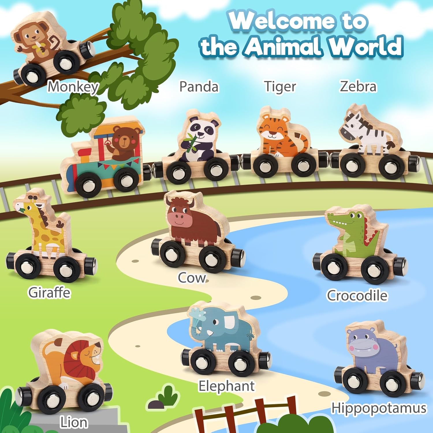Montessori Toys for 1 2 3 Year Old Boys, Toddler Toy 2-3 Years Girls Boy Gifts Magnetic Wooden Train Kids Toys for Ages 2-4 Preschool Learning Activities Farm Animals with Track Mat - Image 6