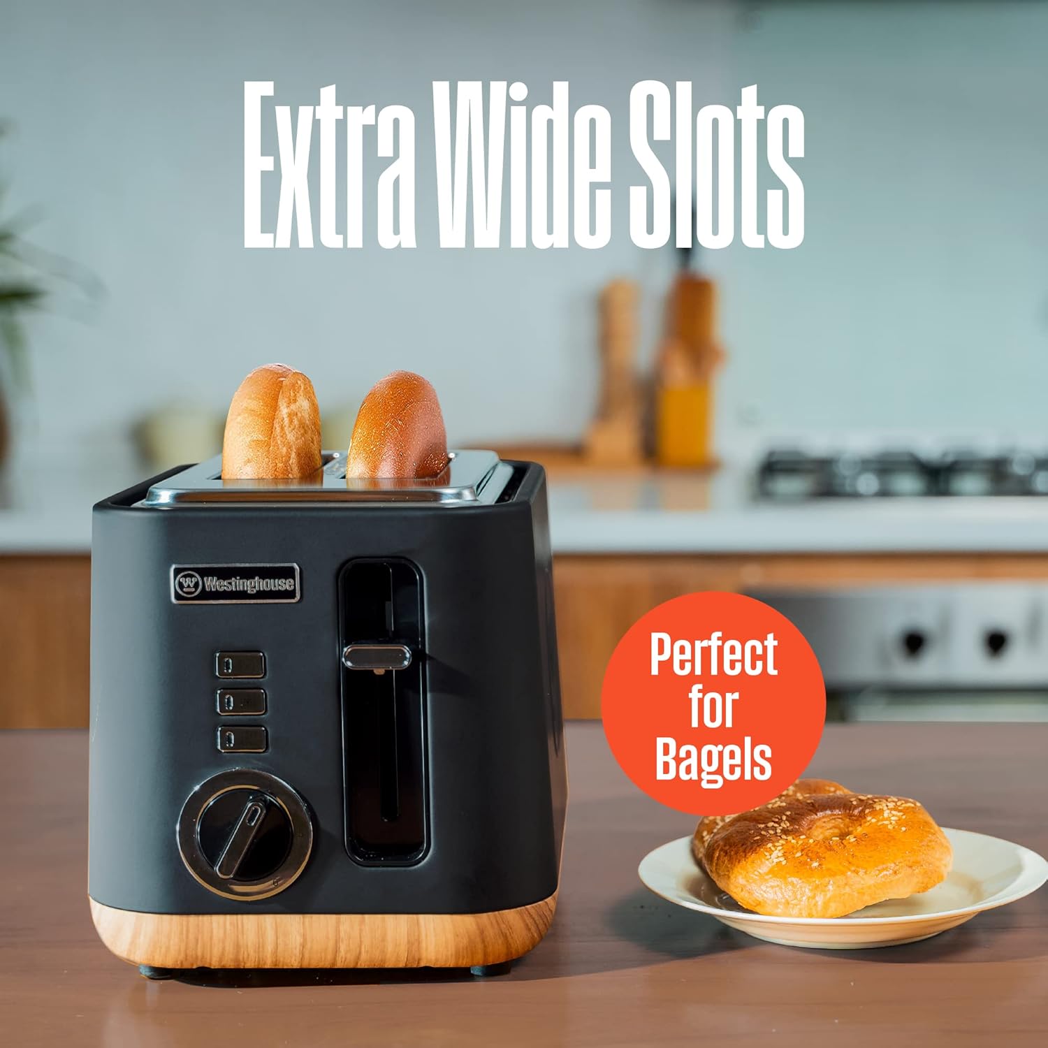 Westinghouse Scandinavian Design Toaster with Wide Slots, Removable Crumb Tray, 6 Browning Levels, and Cancel/Reheat/Defrost Options - for Bread, Bagels, & Waffles - Black with Wood Finish, 2-Slice - Image 3