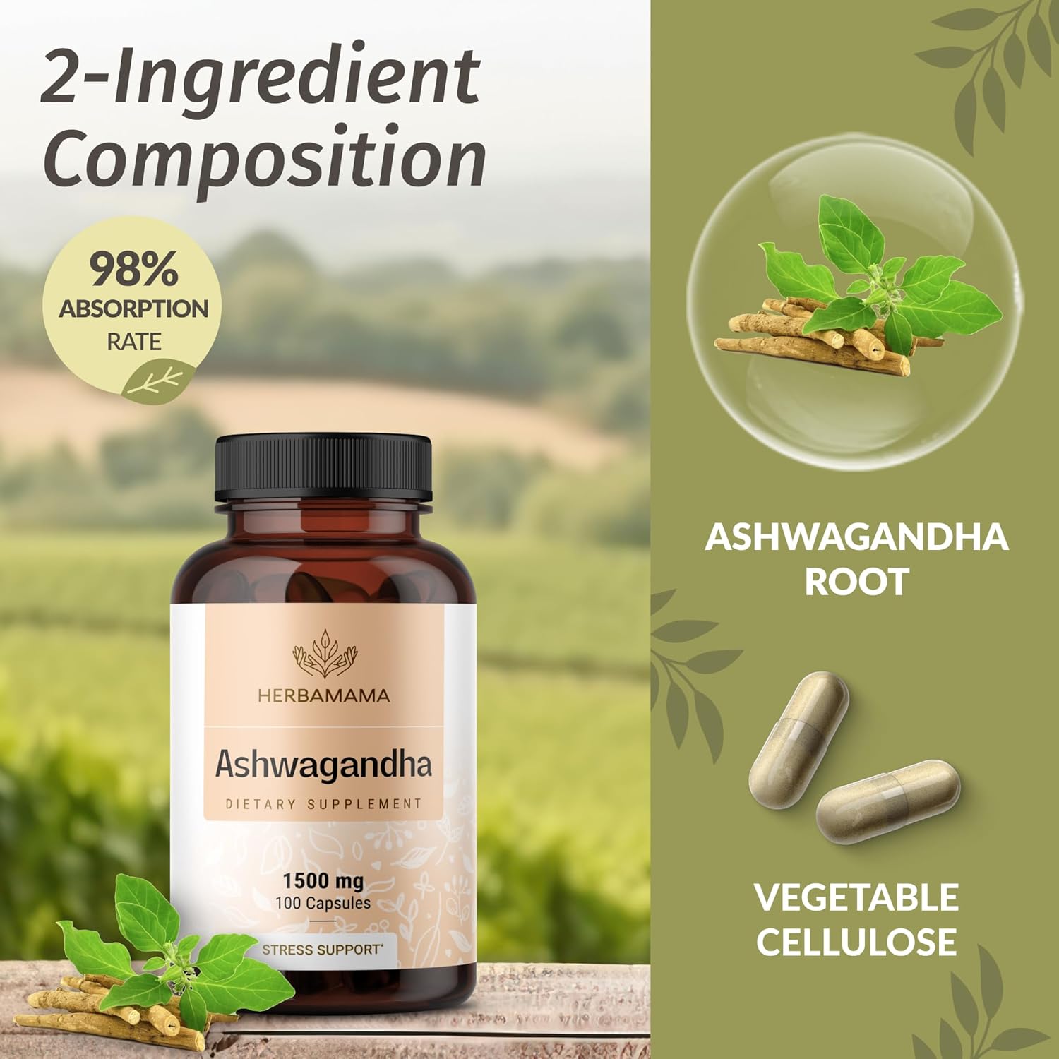HERBAMAMA Ashwagandha Capsules - 1500mg Pure Ashwagandha Root Focus Supplement - Vegan, Non-GMO Mood & Calm Support Supplement for Adults, 100 Caps - Image 5