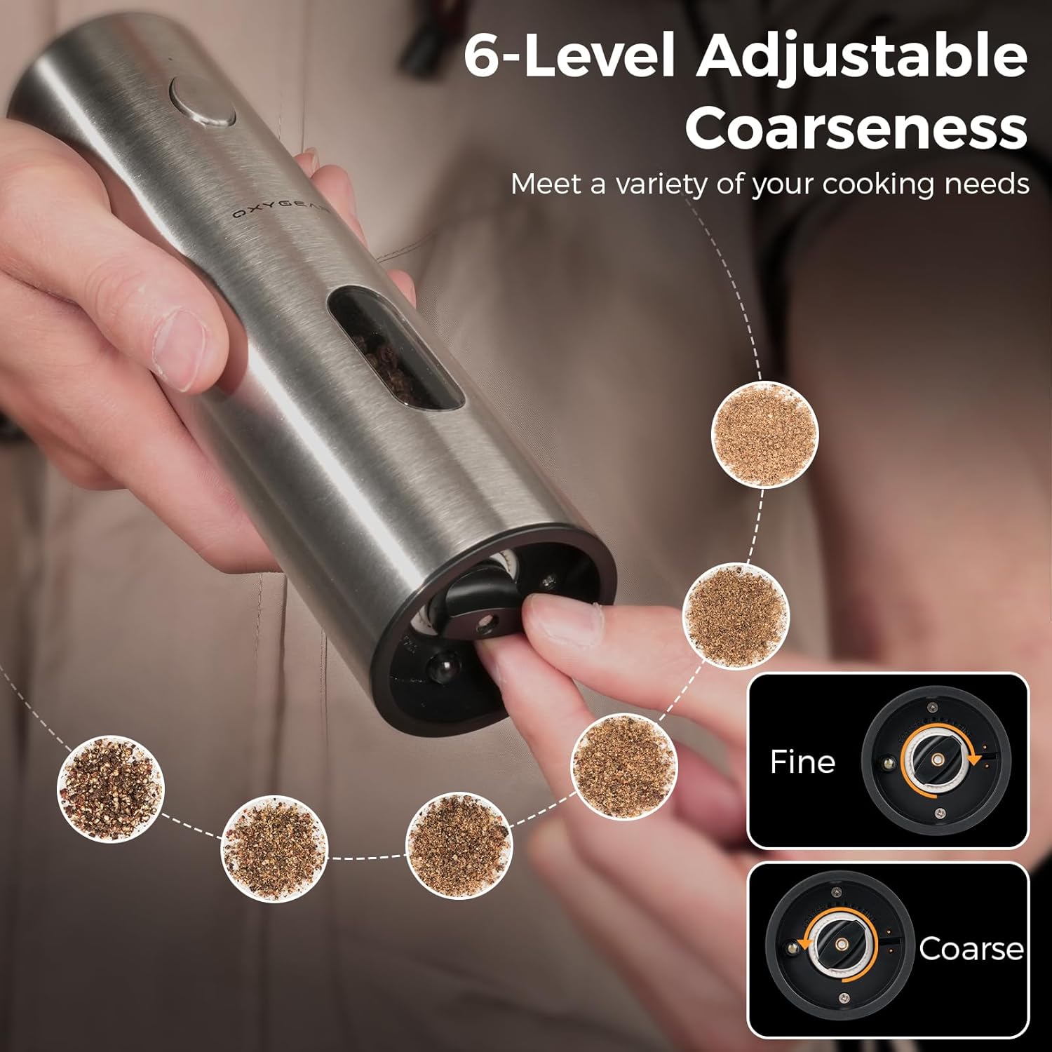 Electric Salt and Pepper Grinder Set, 110ML Capacity Rechargeable Automatic Pepper Grinder with Charging Base, 6 Adjustable Coarseness, Refillable Grinder with LED Light, Ideal for Home Cook, Sliver - Image 6