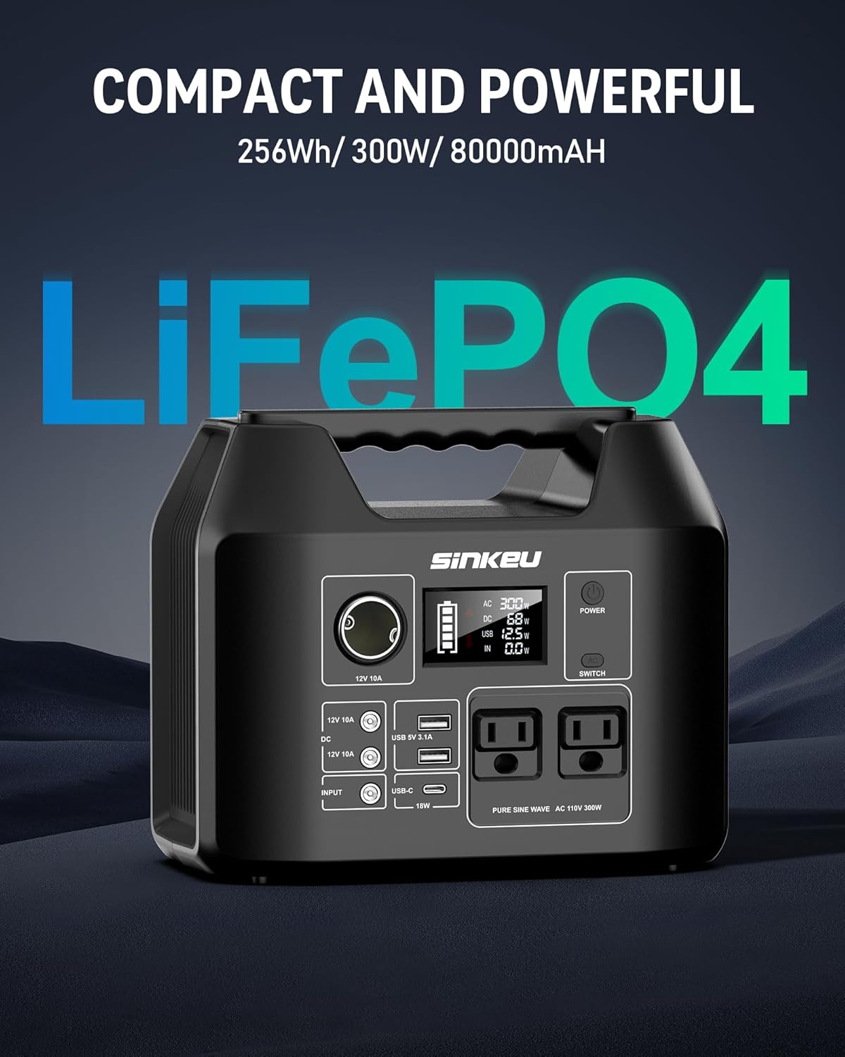 SinKeu Portable Power Station 80000mAh,256Wh LiFePO4 Battery Backup,300W (Peak 600W) AC Outlets, Power Bank for Hurricane Emergency Outdoor Camping RVs Home - Image 3