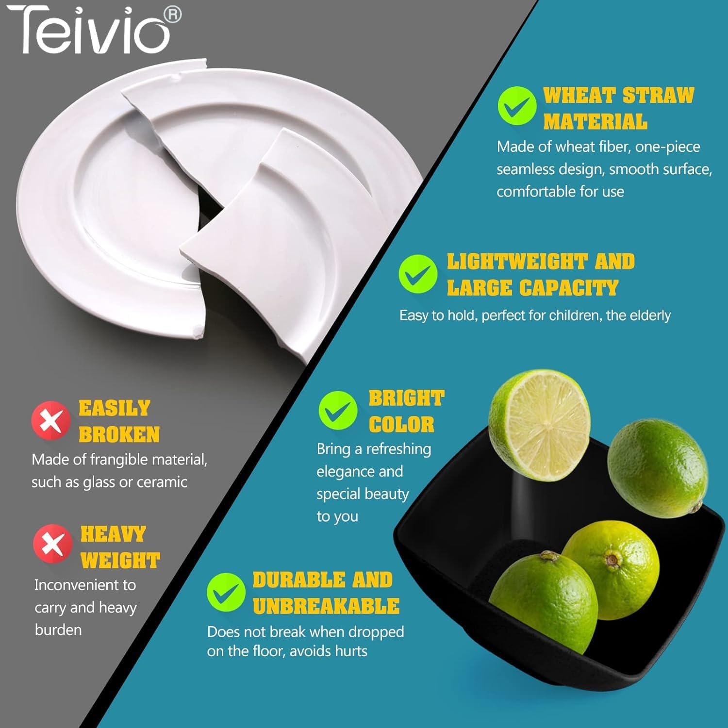 Teivio 32-piece Plastic Wheat Straw Square Dinnerware Set for 8, Unbreakable Dinner Plates, Salad Plates, Snack Bowls, Tumblers, Dishwasher Safe, Black - Image 4