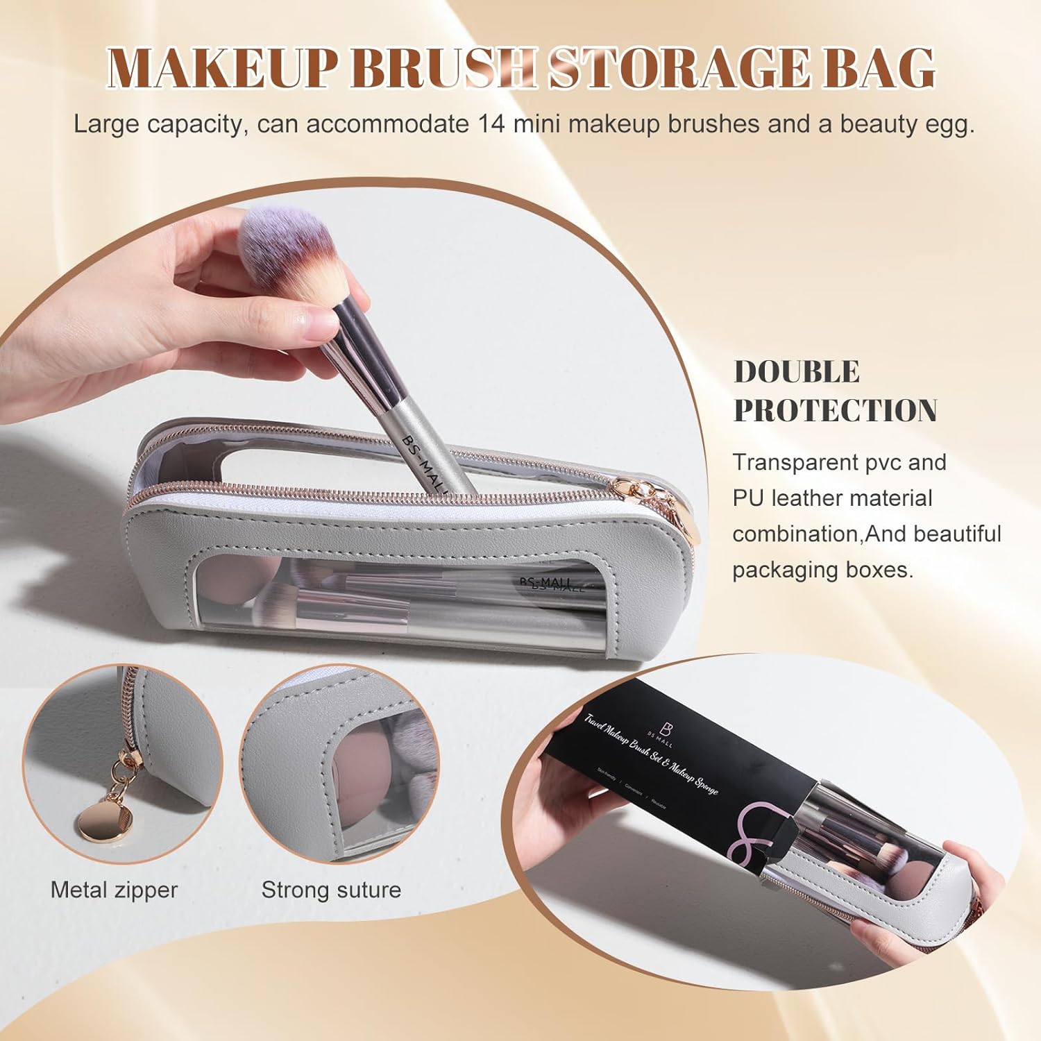 BS-MALL Travel Makeup Brush Set 14 Pcs Premium Synthetic Foundation Powder Concealers Eye shadows Blush Makeup Brushes with Cute Case and Makeup Sponge (A-Champagne) - Image 6