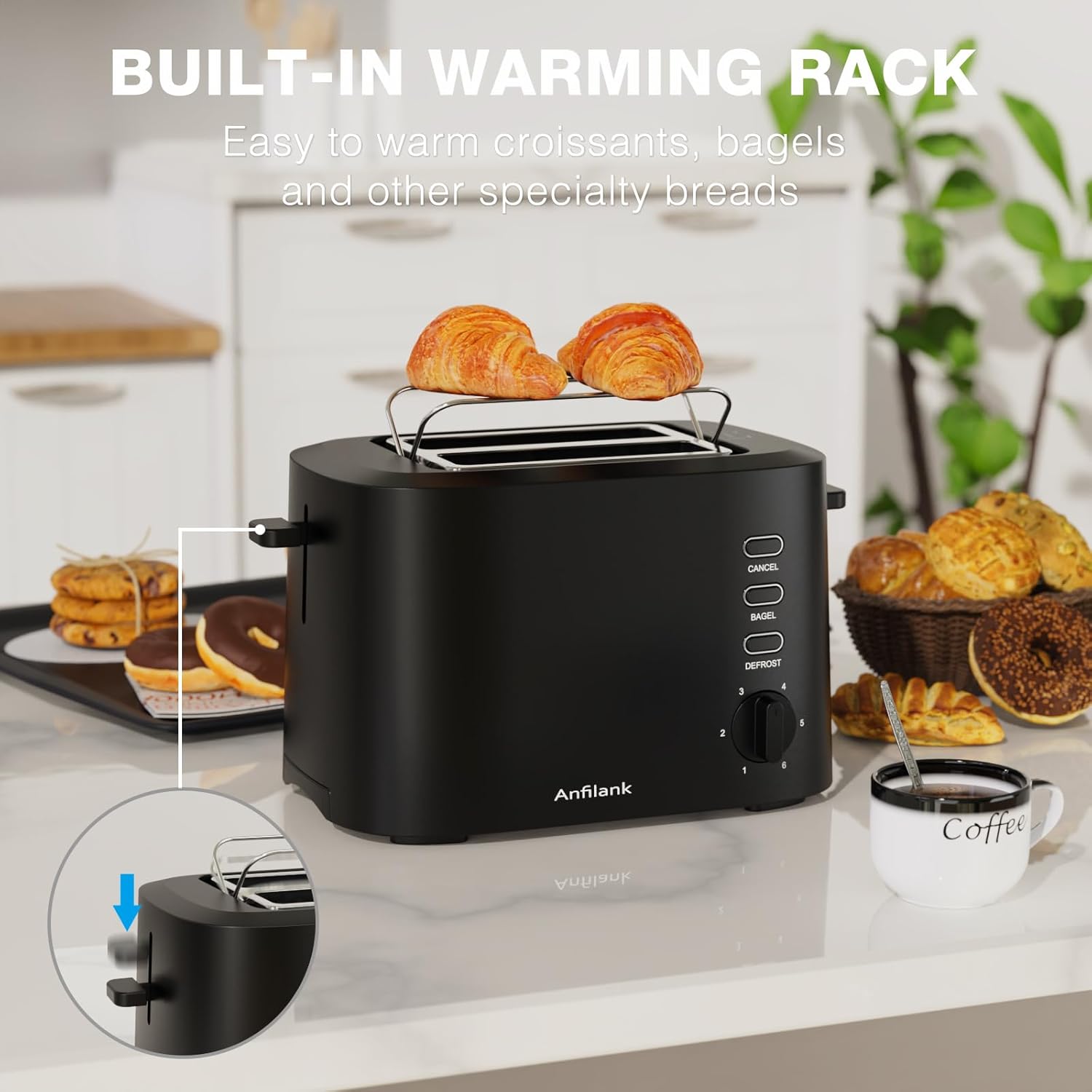 Compact Toaster 2 Slice with 1.5" Extra Wide Slots, Built-in Warming Rack & Removable Crumb Tray, 6 Browning Options, with Defrost/Bagel/Cancel Function - Matte Black - Image 5
