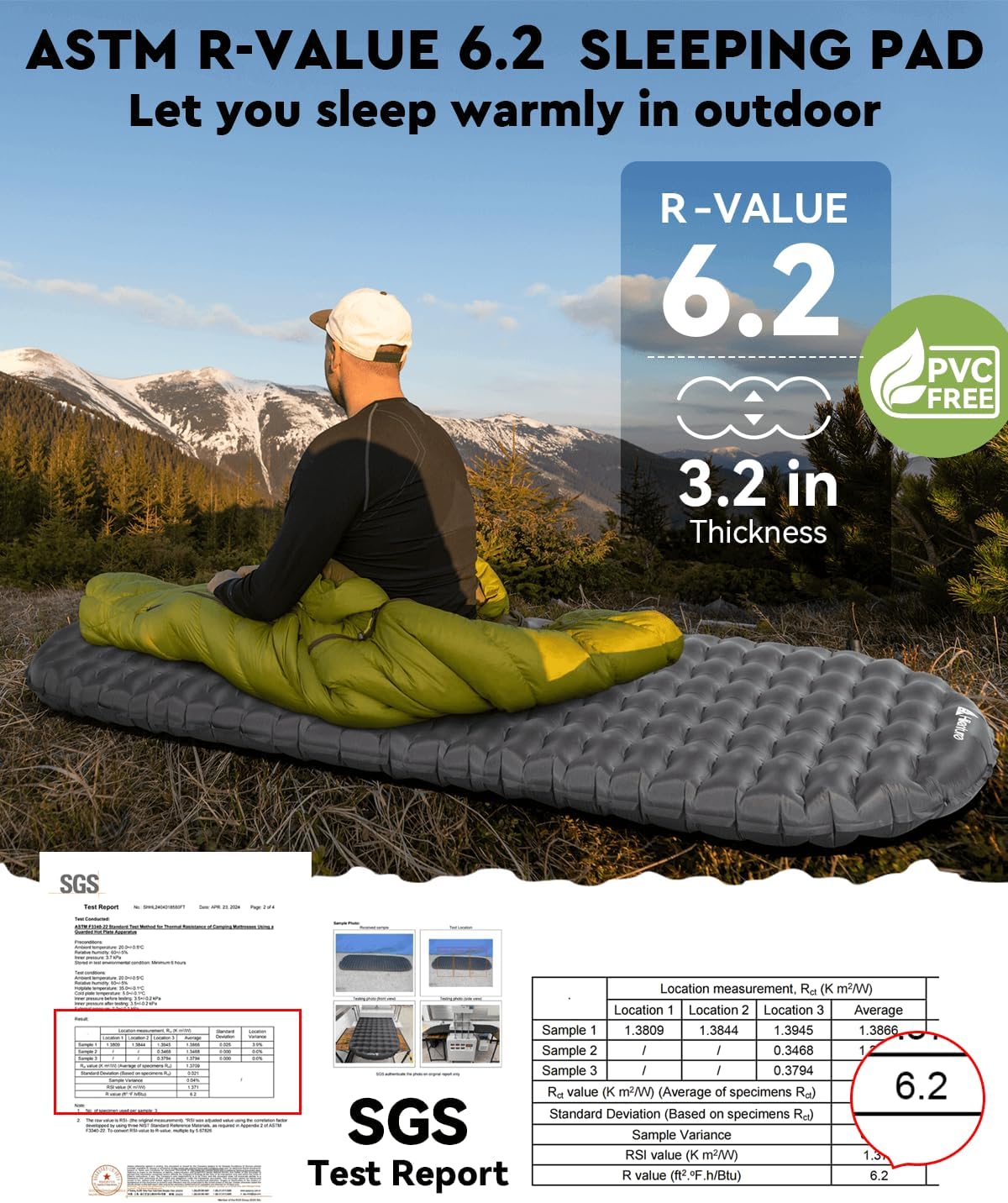 Hikenture Sleeping Pad R-Value 6.2 Insulated Camping Mattress for Cold Weather with Pump Sack(1201-A1) - Image 3